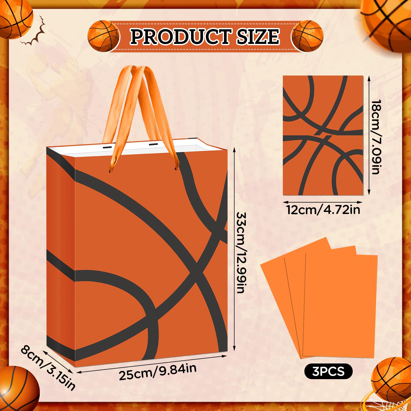 Basketball Party Gift Bag Orange Basketball Gift Wrap Bags with Tissue Paper Greeting Card Decorations for Sport Party Favor Basketball Birthday Goodie Gifts Wrapping Bags for Boys Teens Team Supplies