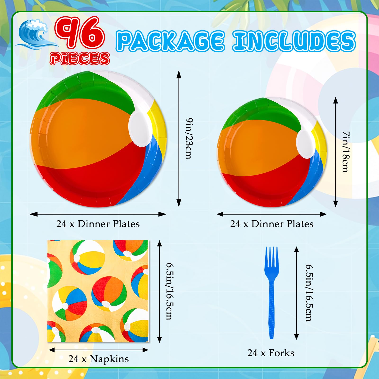 96 Pcs Pool Beach Summer Party Plates Napkins, Beach Theme Party Decorations, Hawaiian Summer Ball Plates Pool Decorations Supplies for Kids, Serves 24
