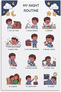 Nightly Routine Visual Schedule for Bedtime Chart Poster Autism Sensory Wall-Art for Bedroom Calming Decor(Unframed,12x18inch(30x45cm))