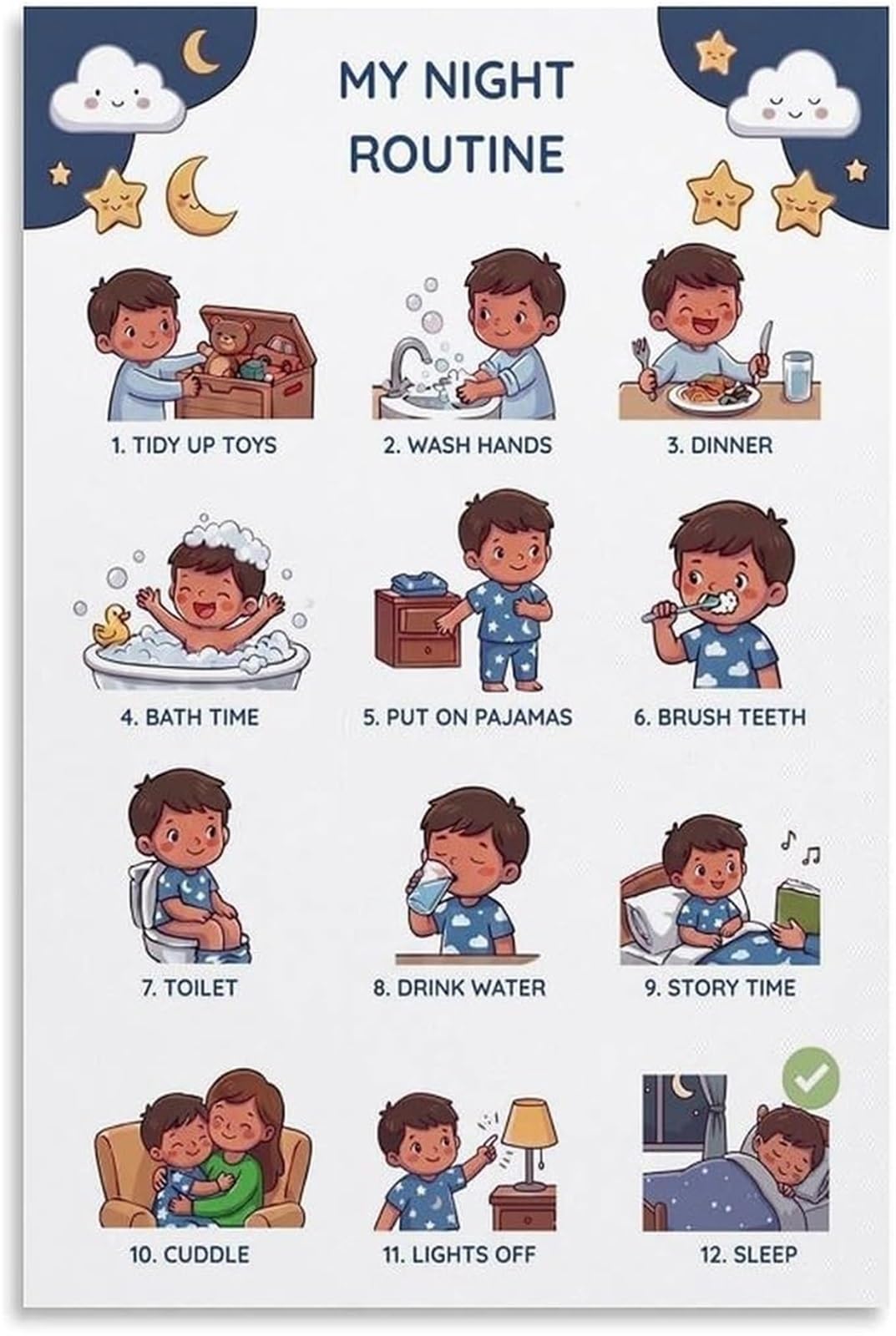 FNYUVNFAF Bedtime Visual Schedule Canvas Print Night Routine Chart Autism ADHD Decor