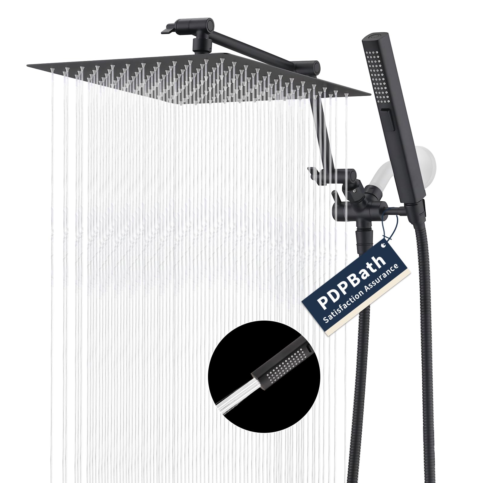 PDPBath Cabezal de ducha de lluvia de metal con rociador de mano, cabezal de ducha de lluvia de alta presión de 12 pulgadas con brazo de extensión ajustable de 16 pulgadas, manguera extra larga de 79
