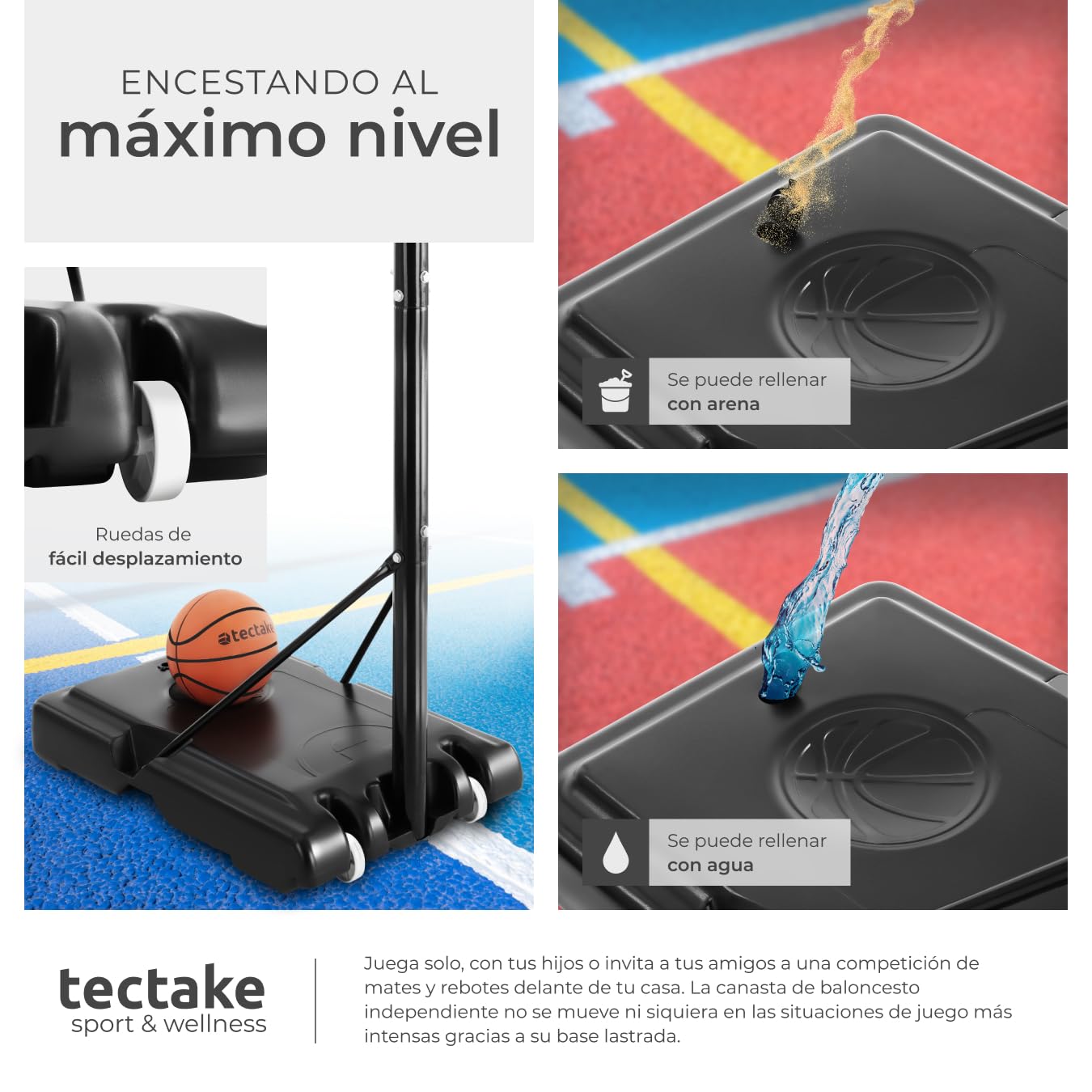 Tectake Canasta Baloncesto Infantil Base Rellenable Agua Arena Ruedas Juegos Exteriores
