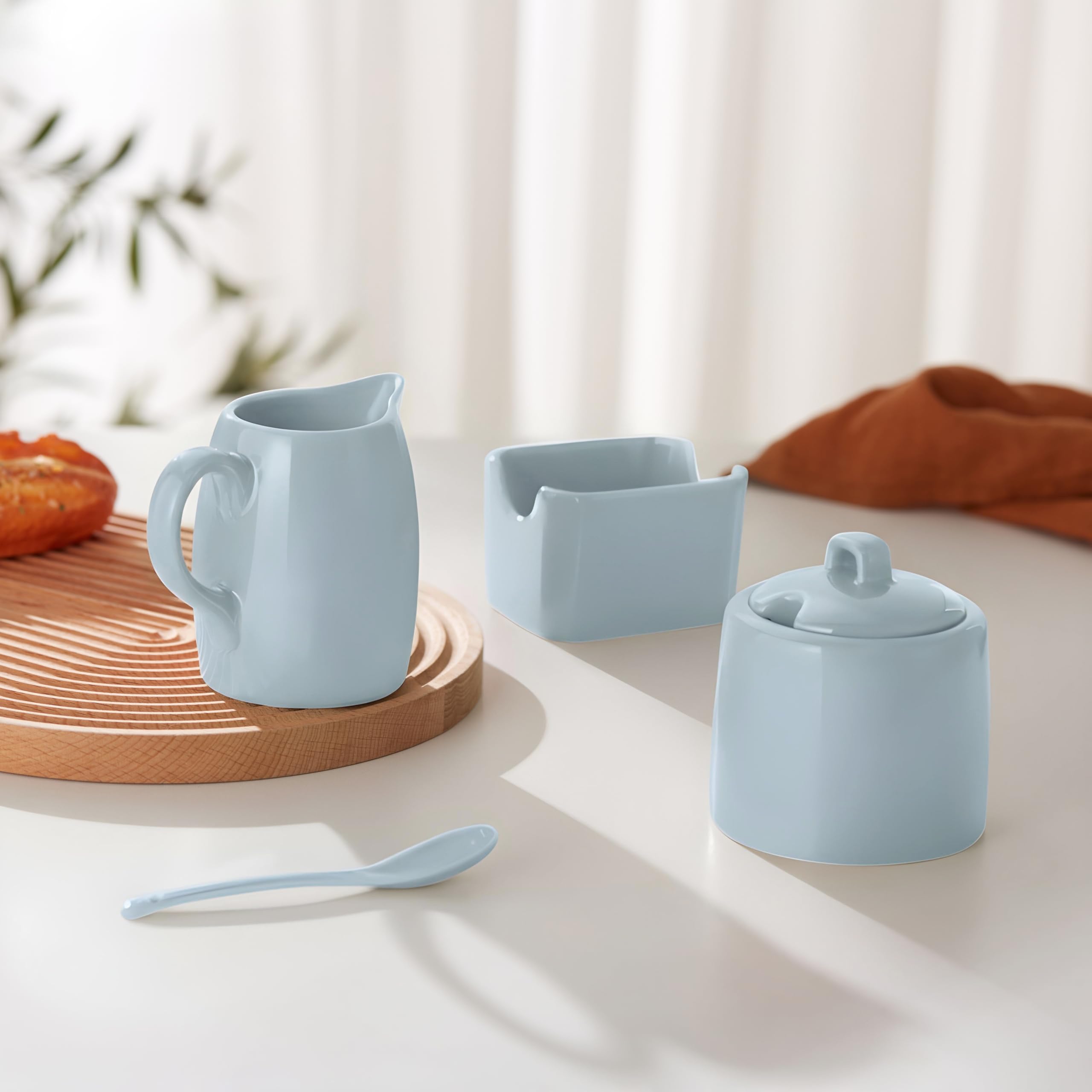 Kook Lot de 3 sucriers, pichet, sucrier avec couvercle et cuillère, support pour édulcorant, bleu casper