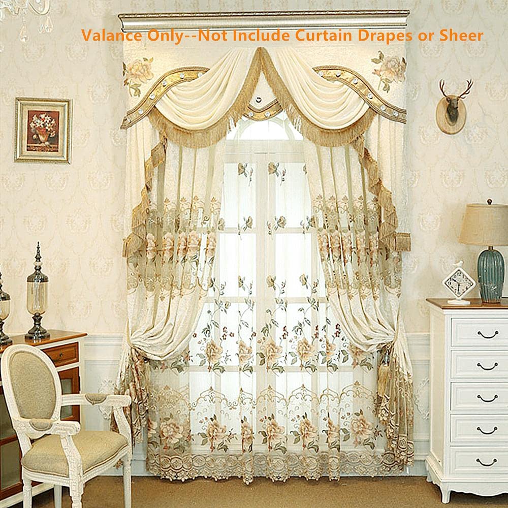 Gxi Beige Velvet Waterfall Curtain Valance for Living Room Rod Pocket Luxury Tassel Scalloped Curtain Swag to Match Beige Velvet Curtains Drapes,1 Panel 110 inch Width