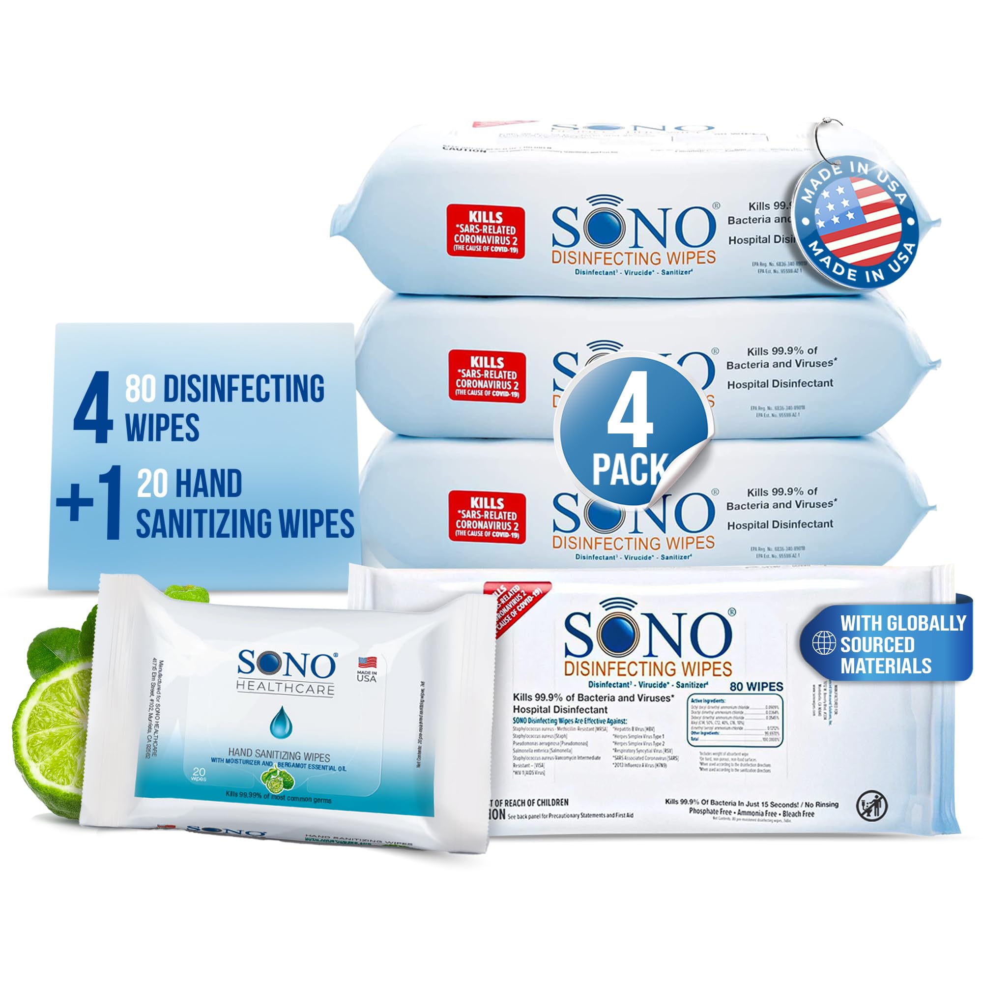 SONO Disinfecting Wipes - Antibacterial, No Alcohol & Bleach, Medical-Grade, All-Purpose - School, Household, Dorm, Salons, Spas, Wellness & Yoga Studios Cleaning Kit - 320 ct (pack of 4) w/Sanitizer