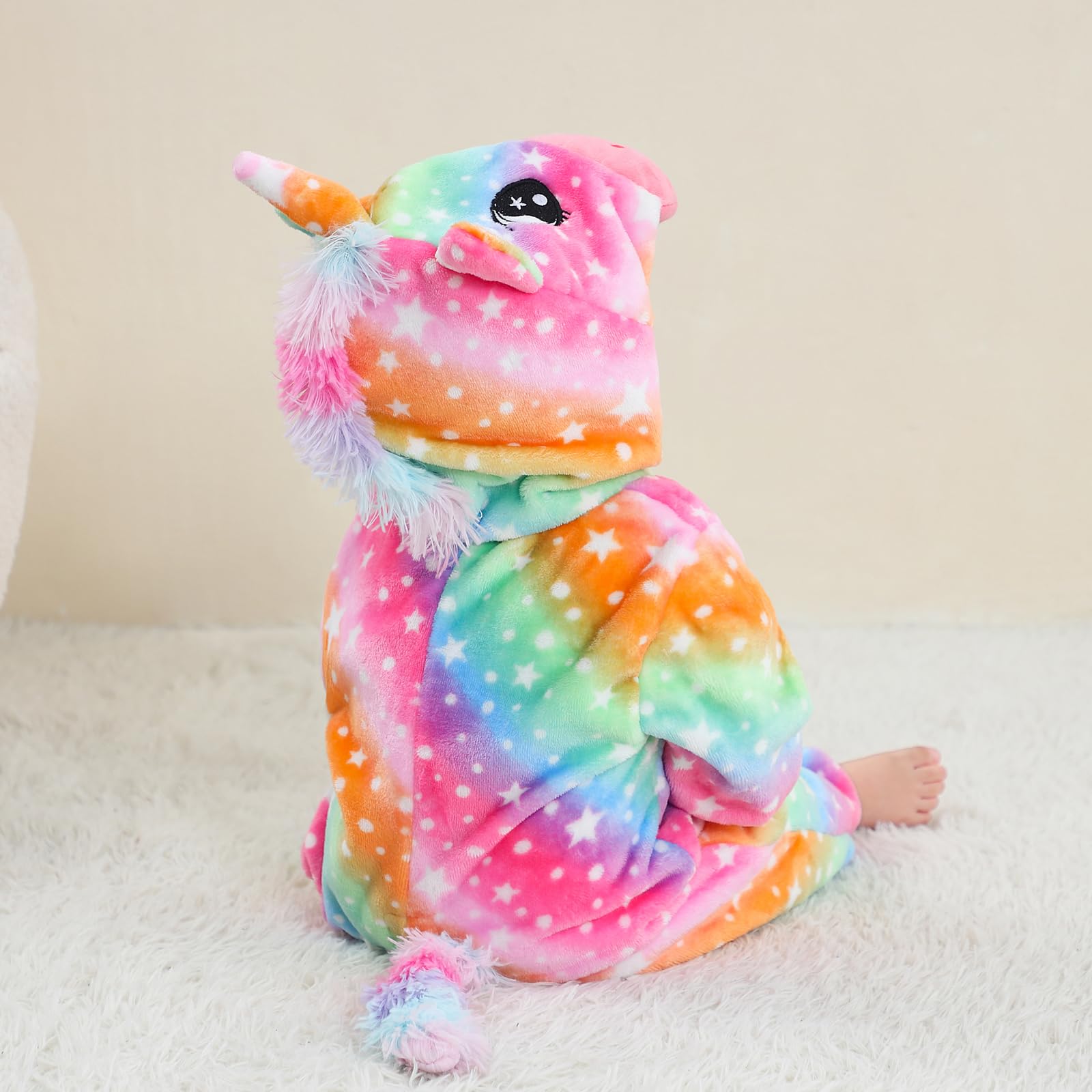 LOLANTA Costume da Unicorno Arcobaleno Drago Dinosauro Unisex per Bambino, Tutina Animale in Peluche Monopezzo con Cappuccio per Bambino