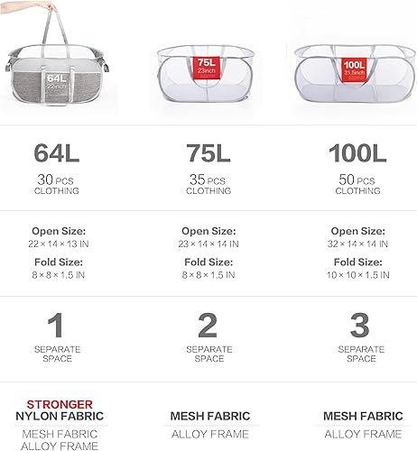 Miniatura 3 de Cesta de lavandería emergente (64L75L100L)  Material de malla gruesa de alta resistencia, cesta grande para la ropa sucia con espacio separado