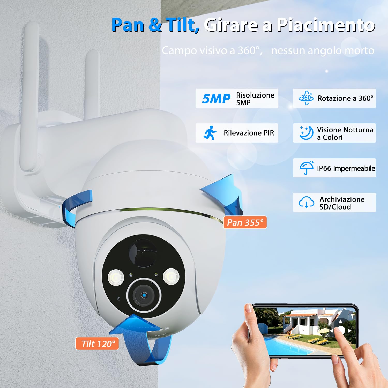3K Telecamera Wi-Fi Esterno Senza Fili a Batteria, 360° PTZ Videocamera Sorveglianza con Pannello Solare, 2.4GHZ&Bluetooth, Visione Notturna a Colori, Allarmi PIR, Rilevazione di Movimento