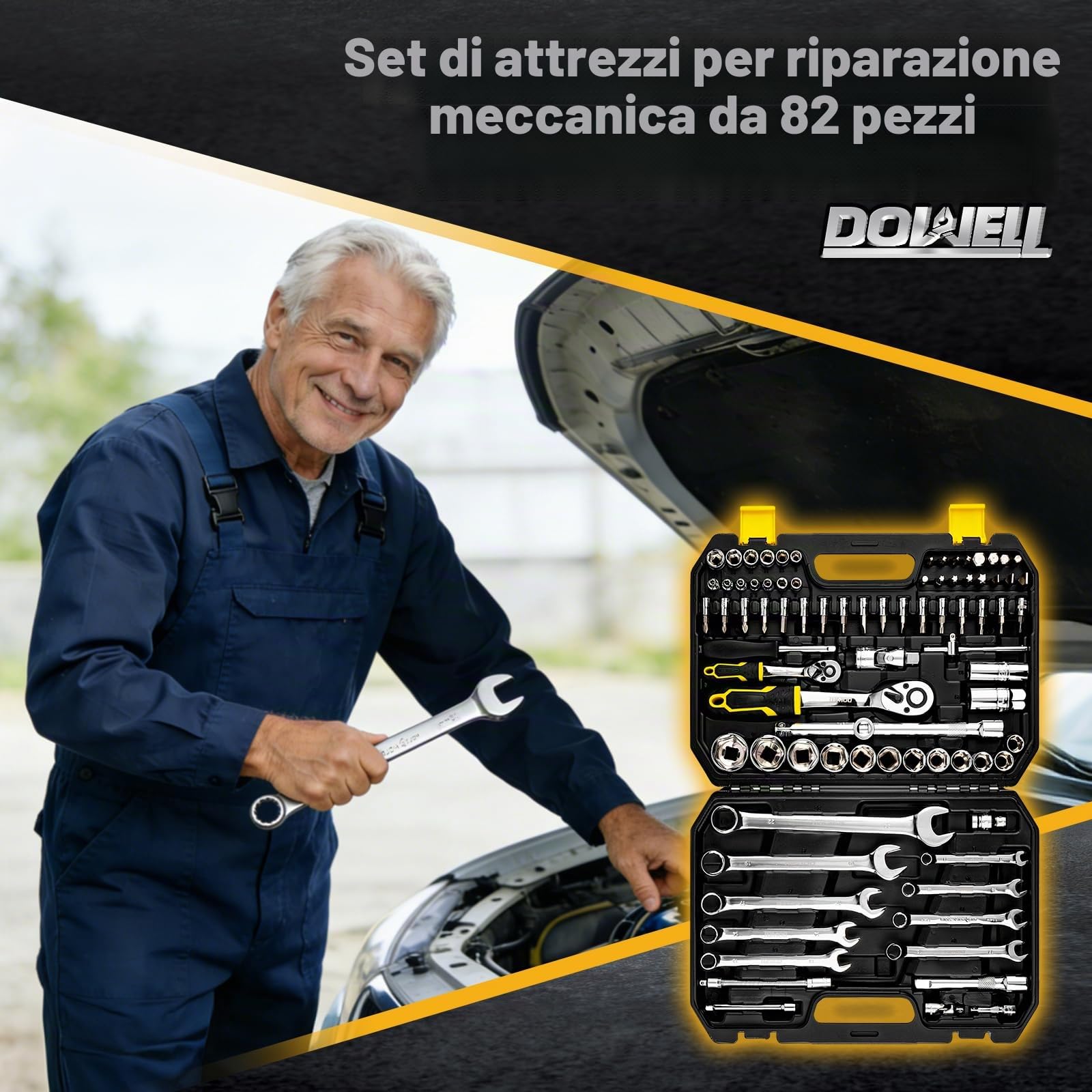 DOWELL 82-Piece Professional Socket & Bit Set | 1/4" & 1/2" Drive Ratchet Set | 72-Dent Ratchet Maniglia | Torx resistente alle manovre & Impact Hex Set | Set di chiavi combinate