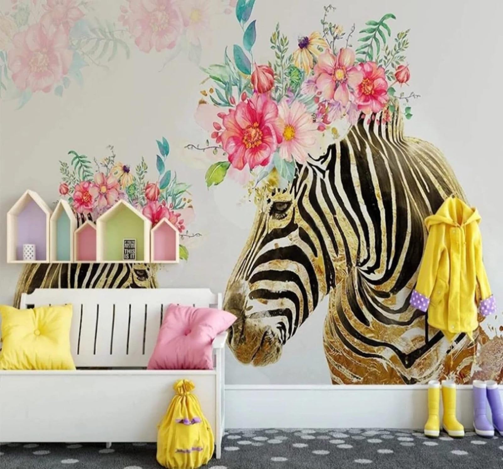 XLMING Hand Drawn Golden Zebra Beautiful Flowers 3D Wallpaper Luxury Home Dining Decor Paste Sofa Living Room The Wall for Bedroom Mural-300cm×210cm