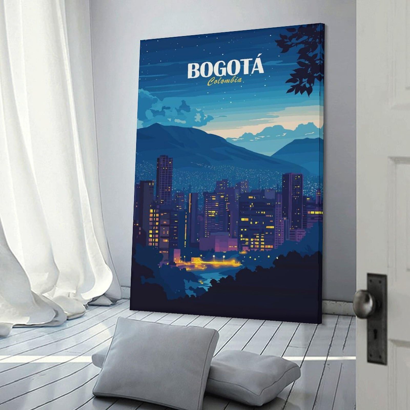 Junmoney Bogotá Colombia Cityscape at Night Wall Picture Print 12x18inch(30x45cm), for Home Office, Desk Area Or Studio, Home Office Artwork with Decorative Appeal