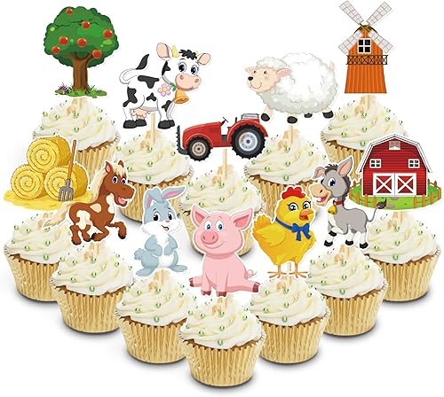 Decoración para cupcakes de animales de granja, paquete de 48 unidades, decoración de pasteles para baby shower, niños, primera segunda granja,