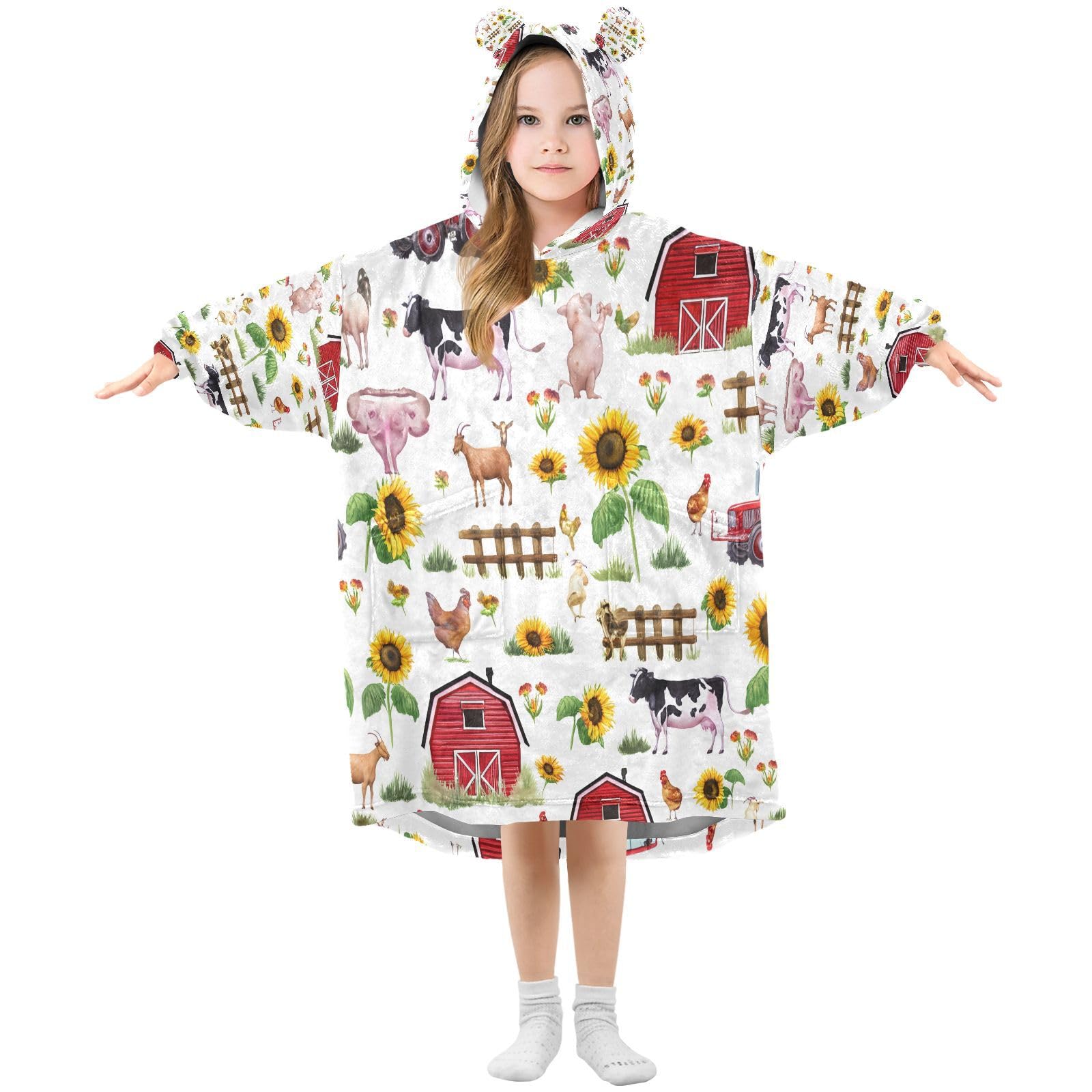 Ttgoth Farm Animals Wearable Blanket Hoodie for Kids Oversized Hooded Blanket Warm & Cozy Sweatshirt with Pockets