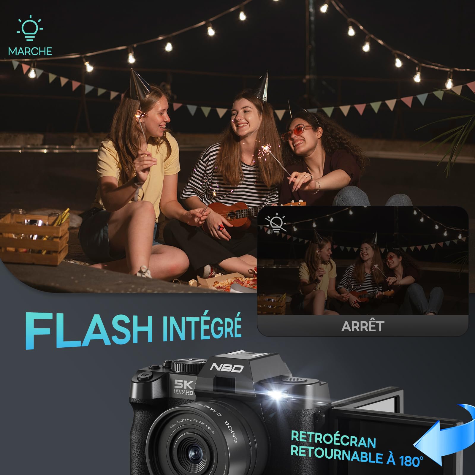 Appareil Photo Numérique NBD 5K 64MP Autofocus Zoom 16x F1.8 Écran IPS 3" 180° WiFi Grand Angle Macro Carte 64GB 2 Batteries Noir