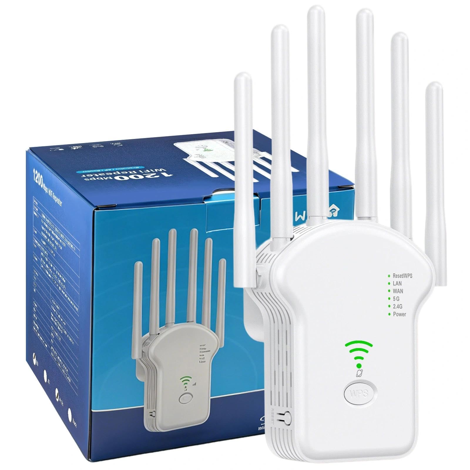 Ripetitore WiFi Potente,Ripetitore Wireless Wifi Extender e Access Point Amplificatore Wifi Extender 1200Mbps (2.4GHz/5GHz) con Porta LAN, 6 Antenne Esterni Copertura Completa a 360°