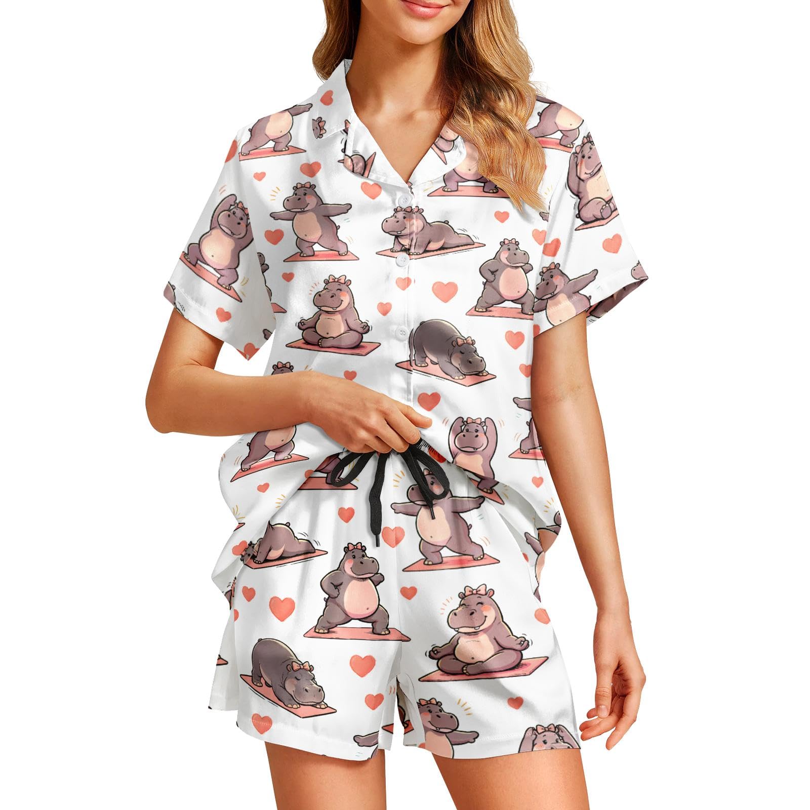 Funny Pajamas for Women Set Print Satin Loungewear Pjs Short Sleeve Button Down Top and Shorts Sets Sleepwear XS-3XL