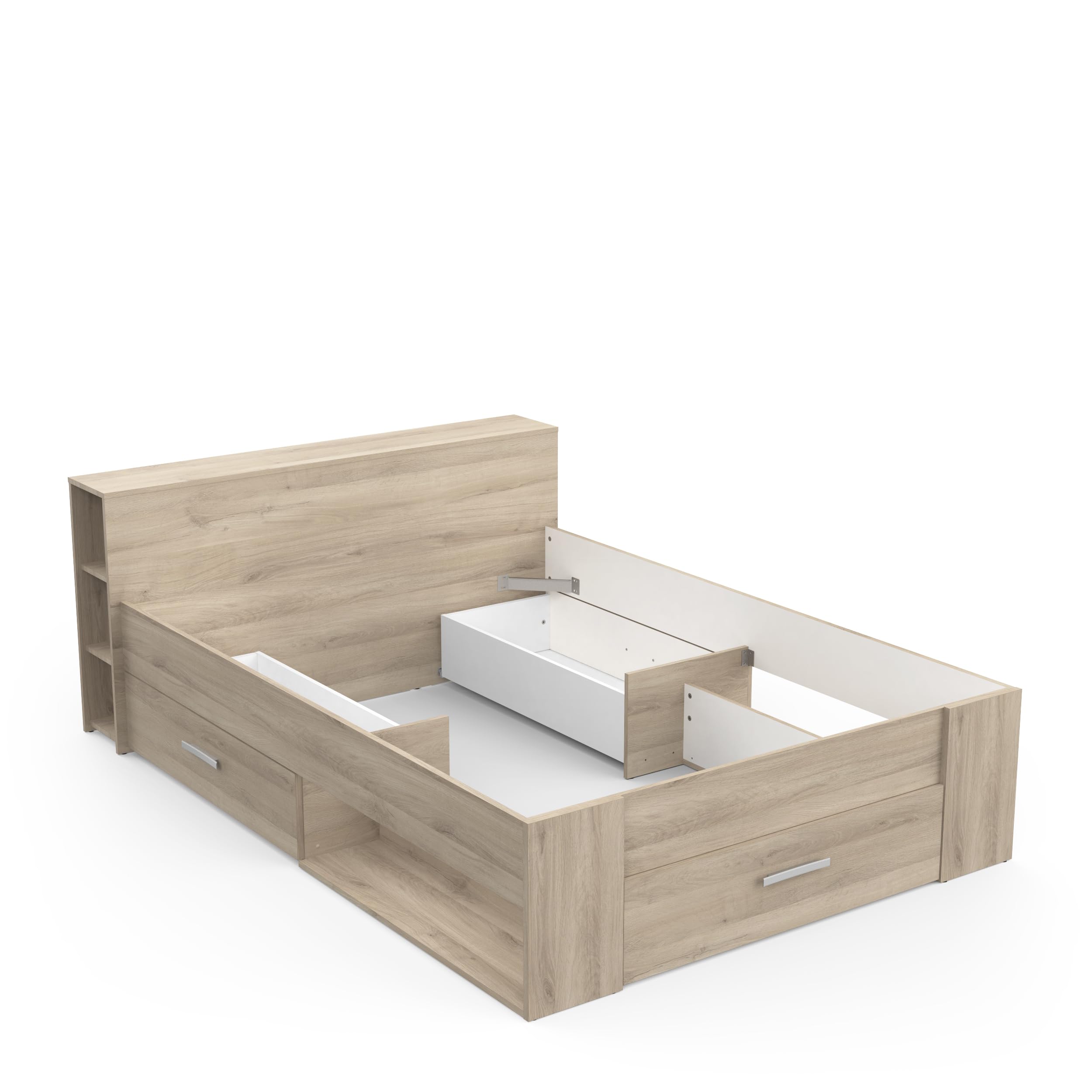 Lit avec Rangement 140x190 Style Contemporain 3 Tiroirs – Coloris Chêne - 150,1 x 217,1 x 74,3 cm