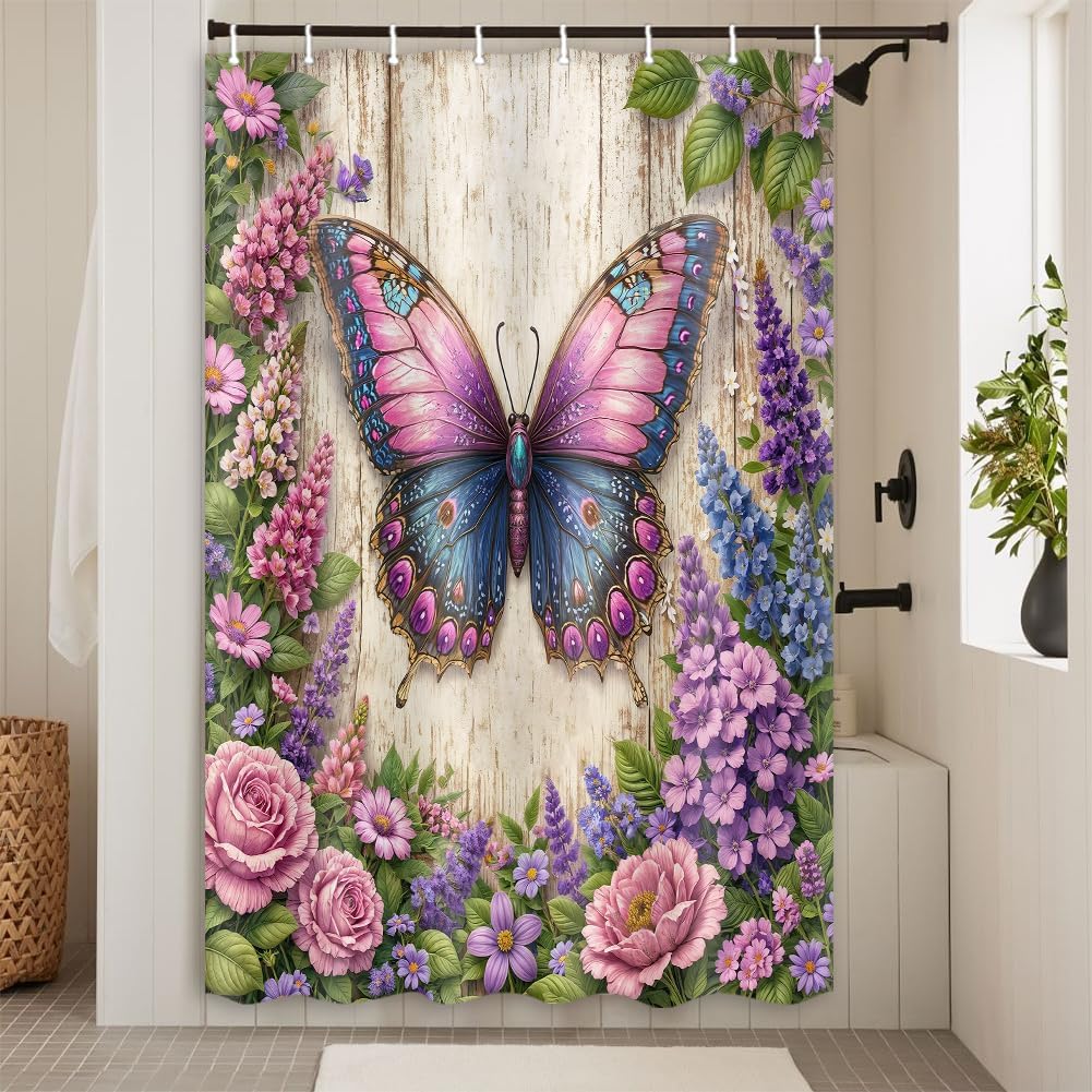 Purple Floral Butterfly Shower Curtain，Spring Lavender Vintage Flowers, Boho Pink Blue Wildflower Farmhous Cute Shower Curtain Set,Polyester Waterproof 12 Pack Hooks 71x84inch