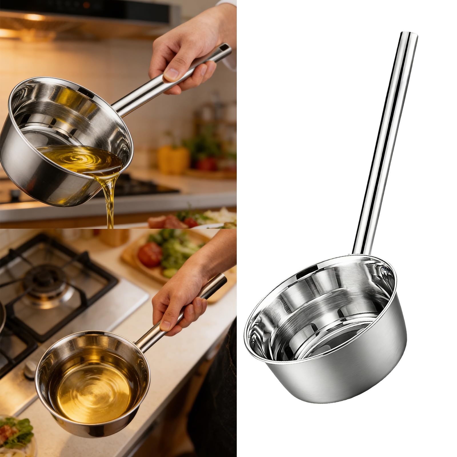 Cucharón de acero inoxidable con mango extendido para uso profesional en cocina y restaurante, cuchara de agua de agarre ergonómico, cucharón multiusos