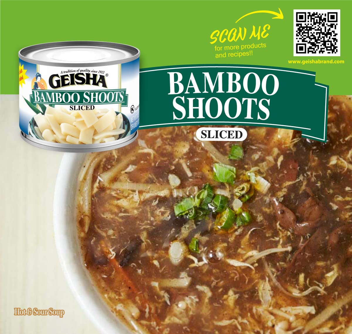 GEISHA Bamboo Shoots Sliced 8OZ. (Pack of 12), Bamboo Shoots | Kosher Certified － No Salt & Sugar added － Gluten Free－Less than 100 Calories per Container