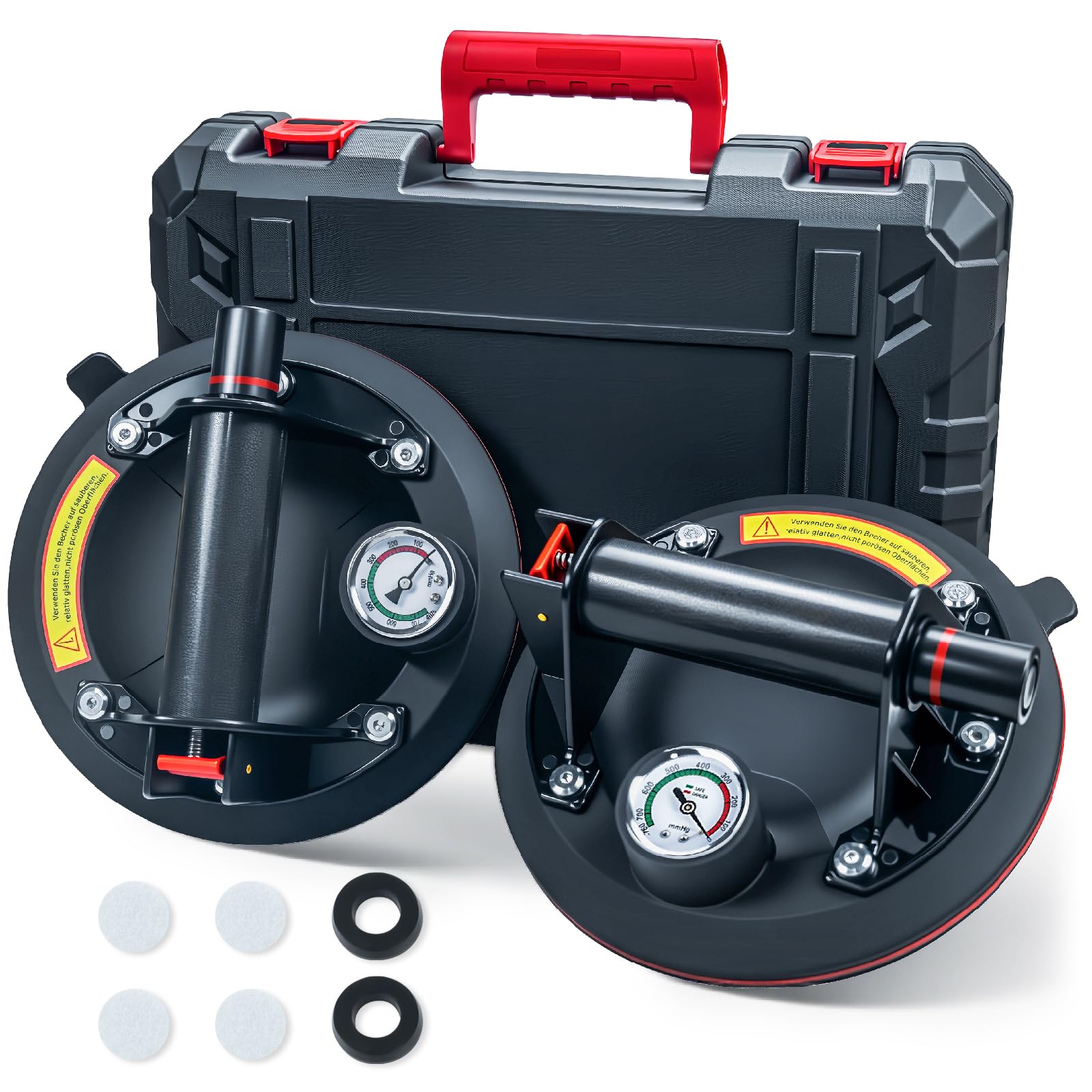 2er-Set Saugheber Glassauger mit Manometer|Tragkraft Max.220KG,Vakuum Saugheber Fliesen Glasheber mit Tragbarer Werkzeugkasten,Saugheber für Glas,Fliesen,Marmor