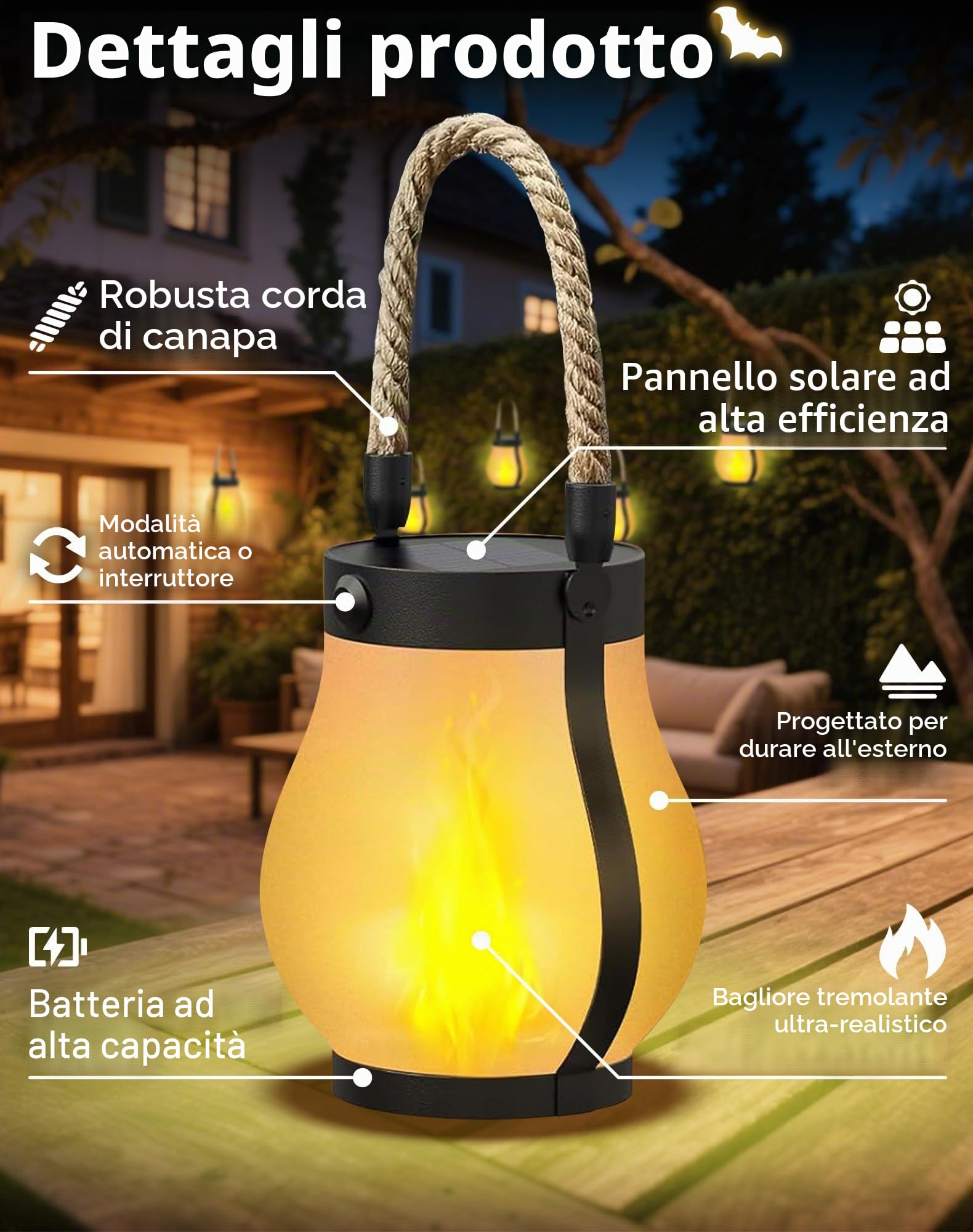 Kaliqo Lanterna solare per esterni, impermeabile, fiamma danzante, lanterna solare, luci esterne, corda di canapa Kaligo, lanterne a fiamma da appendere per decorazioni da giardino e cortile
