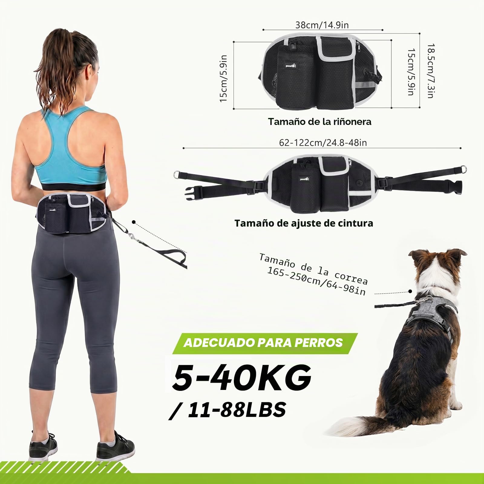 Pecute Correa para Perro Manos Libres para Perros hasta 50 kg de absorción de Choque, cómoda, Costura Reflectante, Ideal para Correr, Correr y Caminar