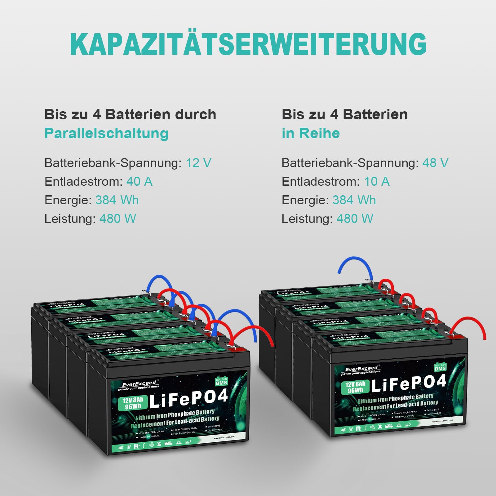 12V 8Ah Lifepo4 Batterie 3000+ Tiefentladungszyklen 12 V Lithium Batterie für Solar/Windenergie, Beleuchtung, Fischfinder, Power Wheels und mehr, 10A BMS