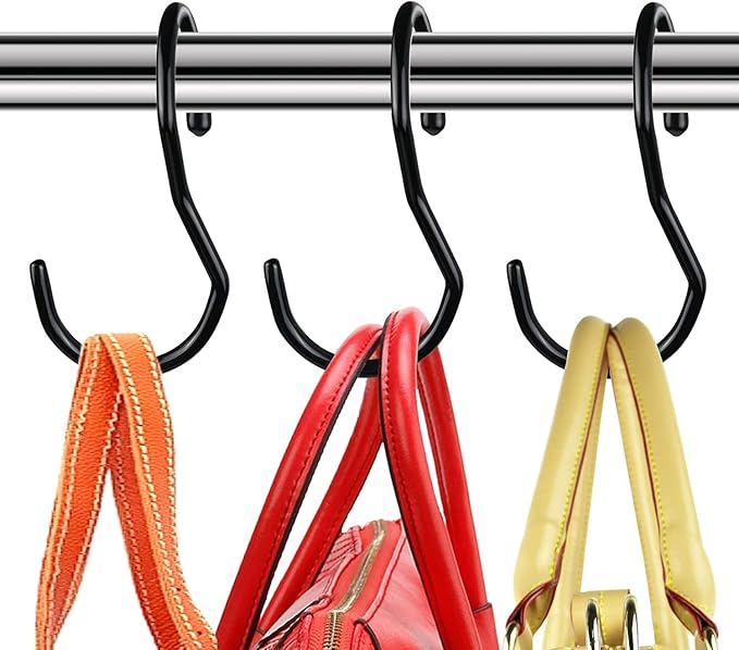 8 Pack Purse Hanger for Closet, Unique Twist Design Bags Hanger Hooks, Large Size Closet Rod Hooks for Hanging Purses, Handbags, Belts, Scarves, Hats,Clothes, Pans and Pots - Black