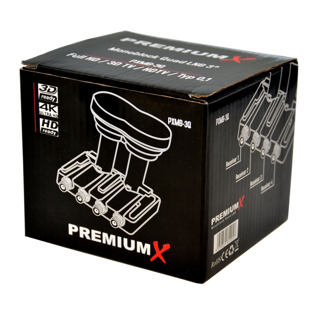 Premium X monoblock Quad LNB 3° 0,1db Astra 19,2 ° Eutelsat 16 ° HDTV FullHD Ultra HD 4 K 3D pour 4 récepteurs + 4 x Joint en Caoutchouc pour LNB + 8 x fiches F 7 mm