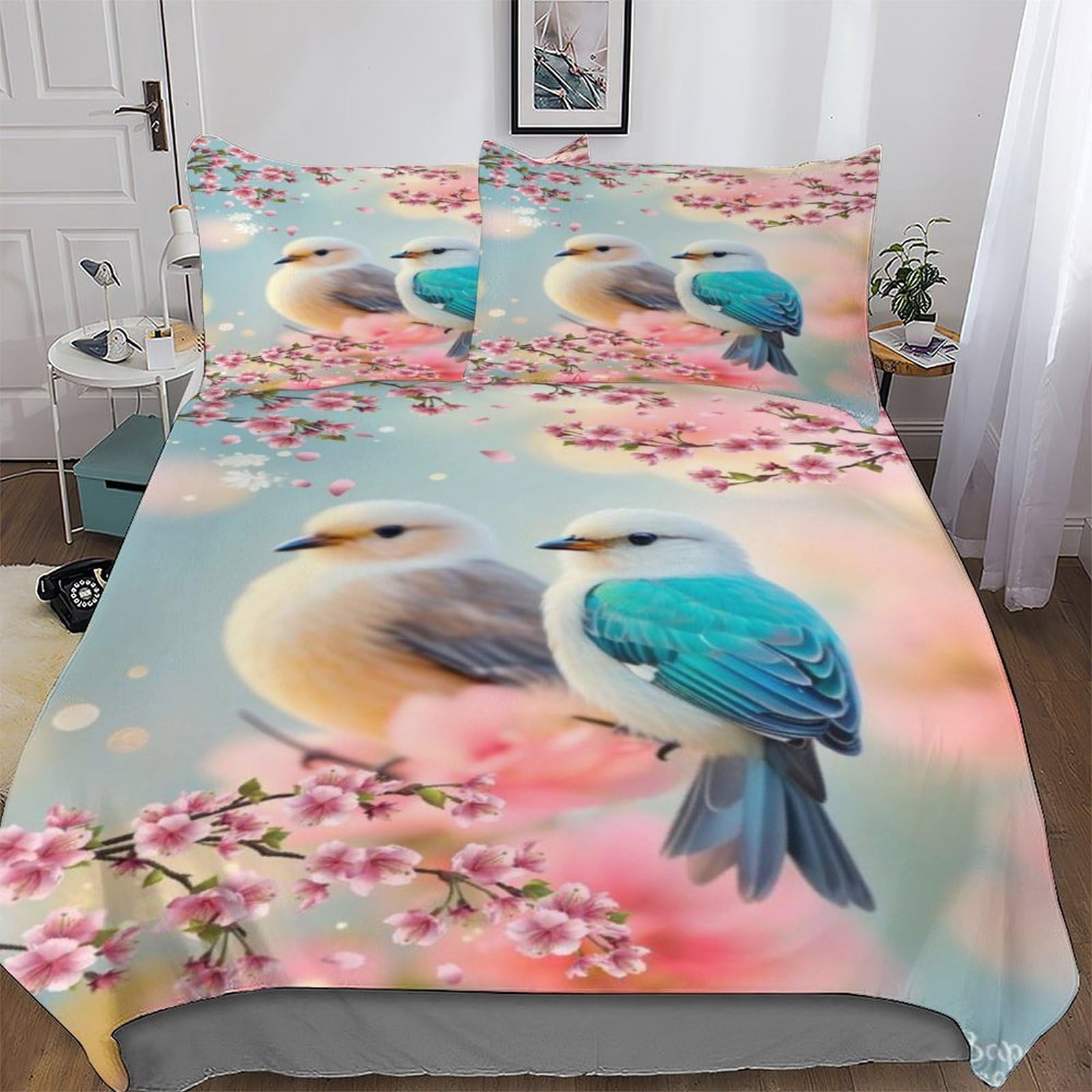 Housse de couette oiseau 220x240 anti-plis en microfibre, parure de lit 3 pièces King facile à laver