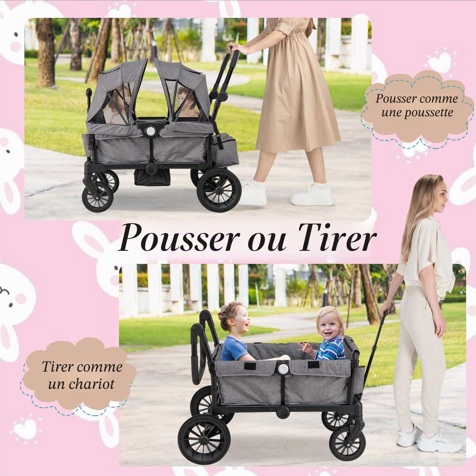LIFEZEAL Chariot porte-2 enfants 6 + mois, chariot poussé, poussé, poussette, poussette de voyage, pliable, réglable, portable, avec toit, roues, sac à couches, max 50 kg (Gris)