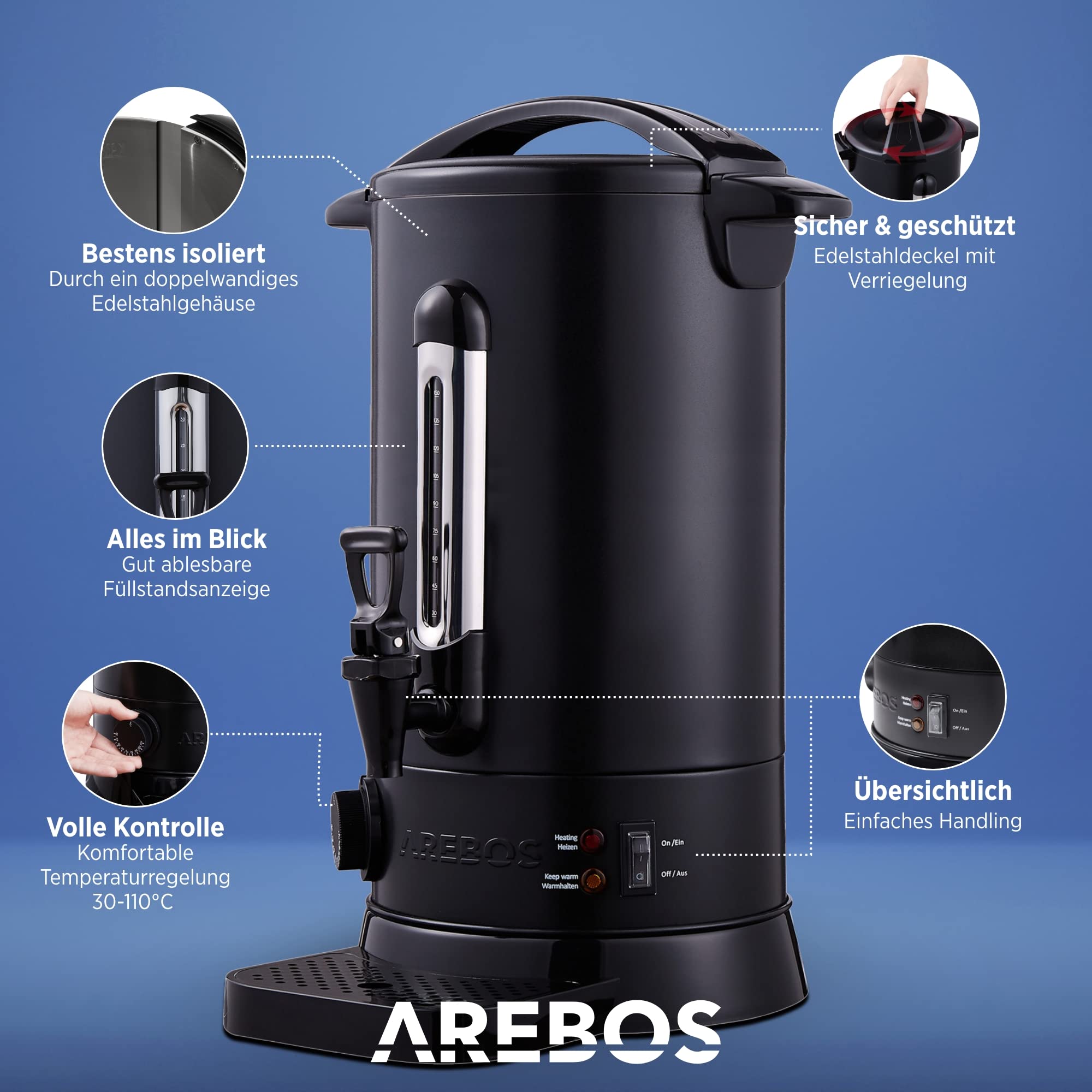 Arebos Glühweinkocher 1650W |Heißgetränkespender| 20L| Auffangschale,Auslasshahn,Thermostat,Überhitzungsschutz| Schwarz
