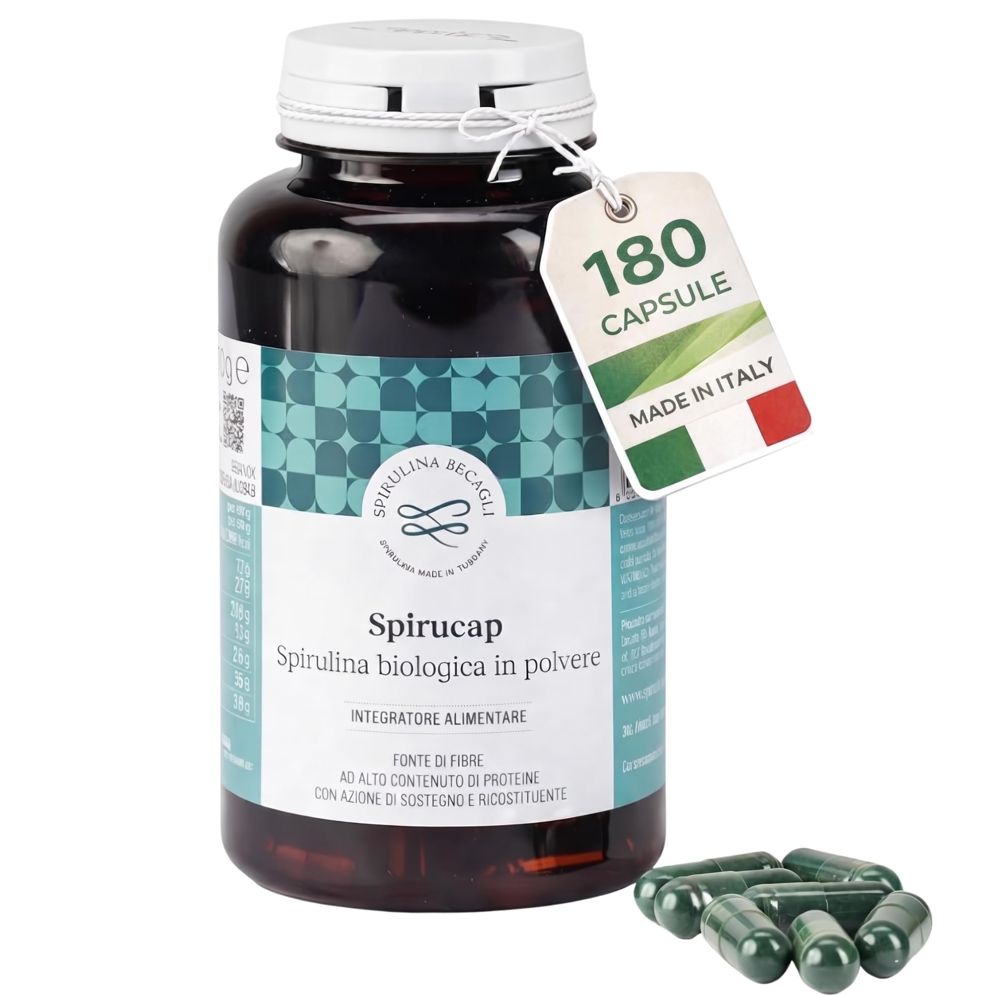 Spirulina Biologica in Capsule – Integratore Alimentare 100% Vegetale – Coltivata in Toscana – Fonte Naturale di Proteine e Vitamine – BECAGLI (180 Capsule)