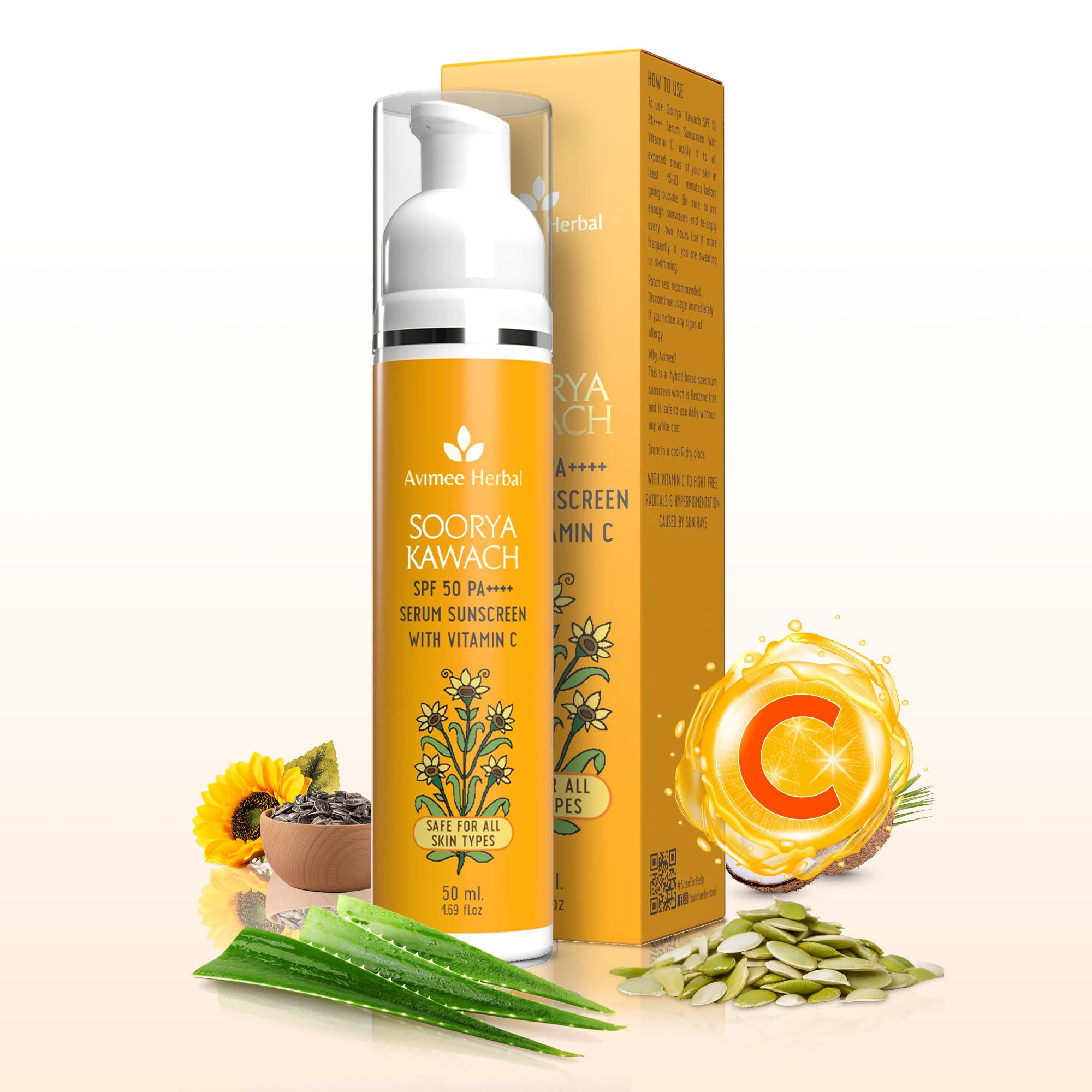 AVIMEE HERBALSoorya Kawach Spf 50 Pa ++++ Serum Sunscreen With Vitamin C For All Skins Broad Spectrum Uva, Uvb & Blue Light Protection For Radiant & Glowy Skin 50 Ml