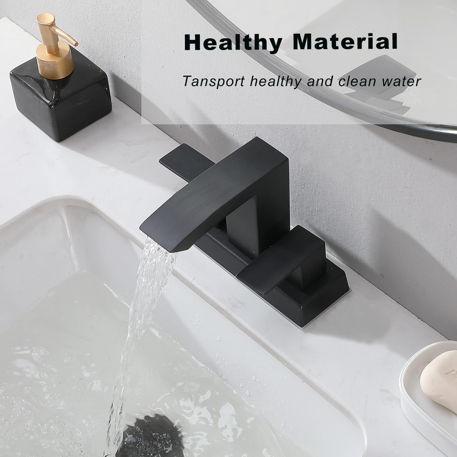 Friho Black Waterfall Bathroom Faucet, 4 Inch Centerset Bathroom Sink Faucets, 3 Hole 2 Handle with Square Spout, Pop up Drain and Water Hoses for Lavatory RV Vanity - Image 2