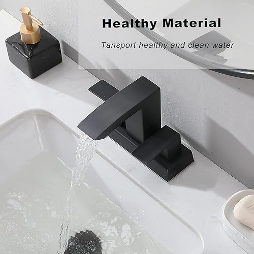 Miniatura 2 de Friho Grifo de baño de cascada negra, grifos de lavabo central de 4 pulgadas, 3 agujeros y 2 manijas con boquilla cuadrada, drenaje desplegable y