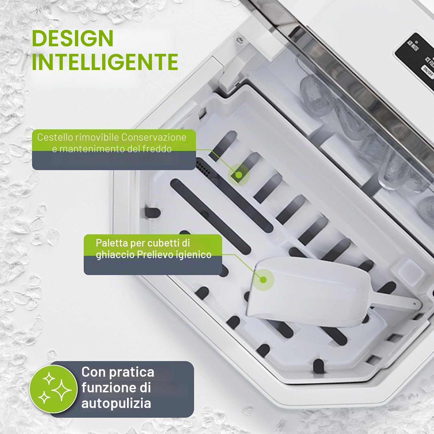 Juskys macchina del ghiaccio IceOracle – Cubetti di ghiaccio per cocktail in 6-13 minuti – Mini macchina del ghiaccio da 12 kg/giorno – Contenitore grande – Bianco