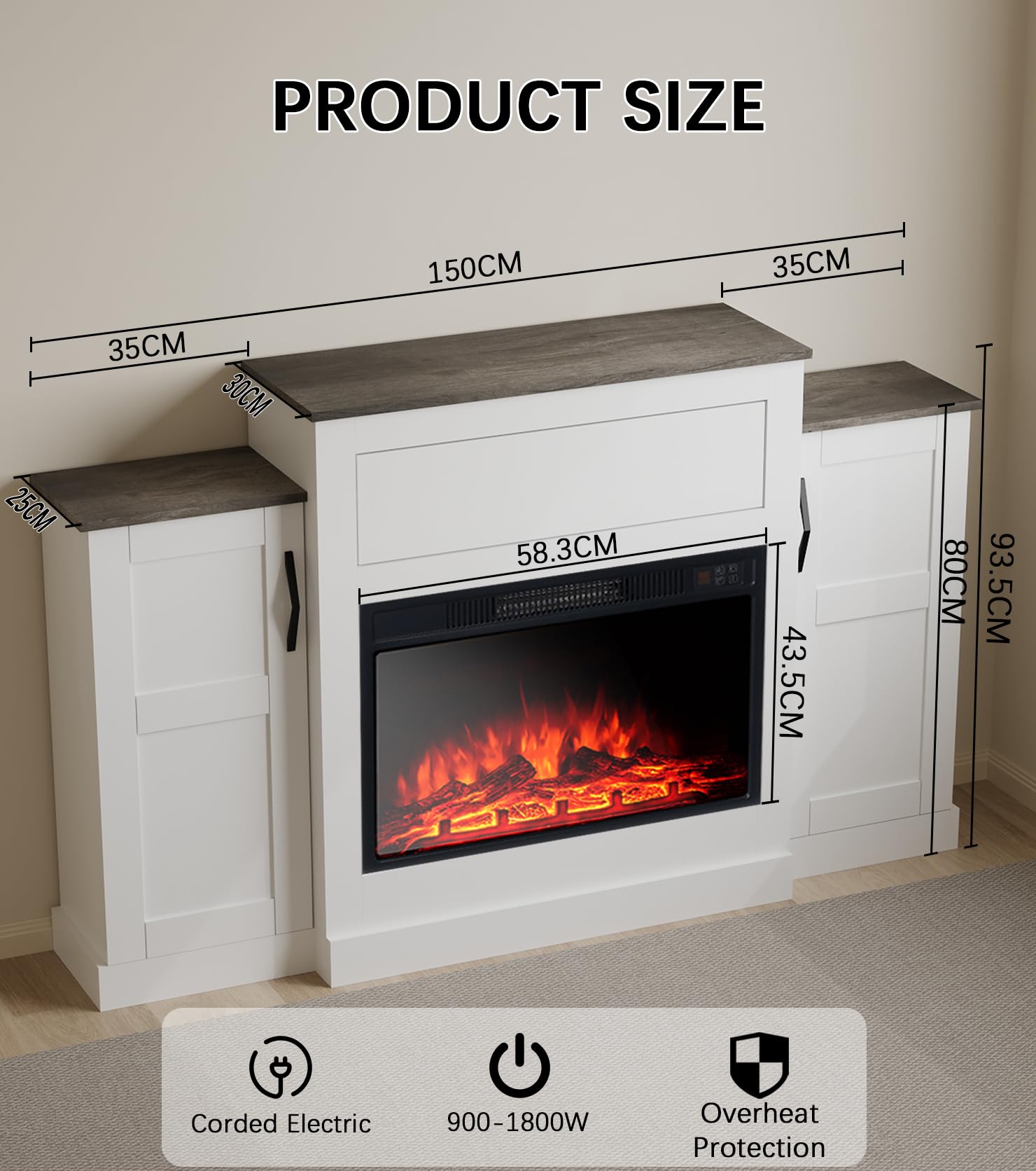 M.C.Haus Elektrischer Kamin TV Stand mit 3 Flammen & 3 Helligkeitsstufen, Timer & Überhitzungsschutz - Geschlossene seitliche Ablagefächer & Push-to-Open Schublade über dem Feuerraum, 150CM