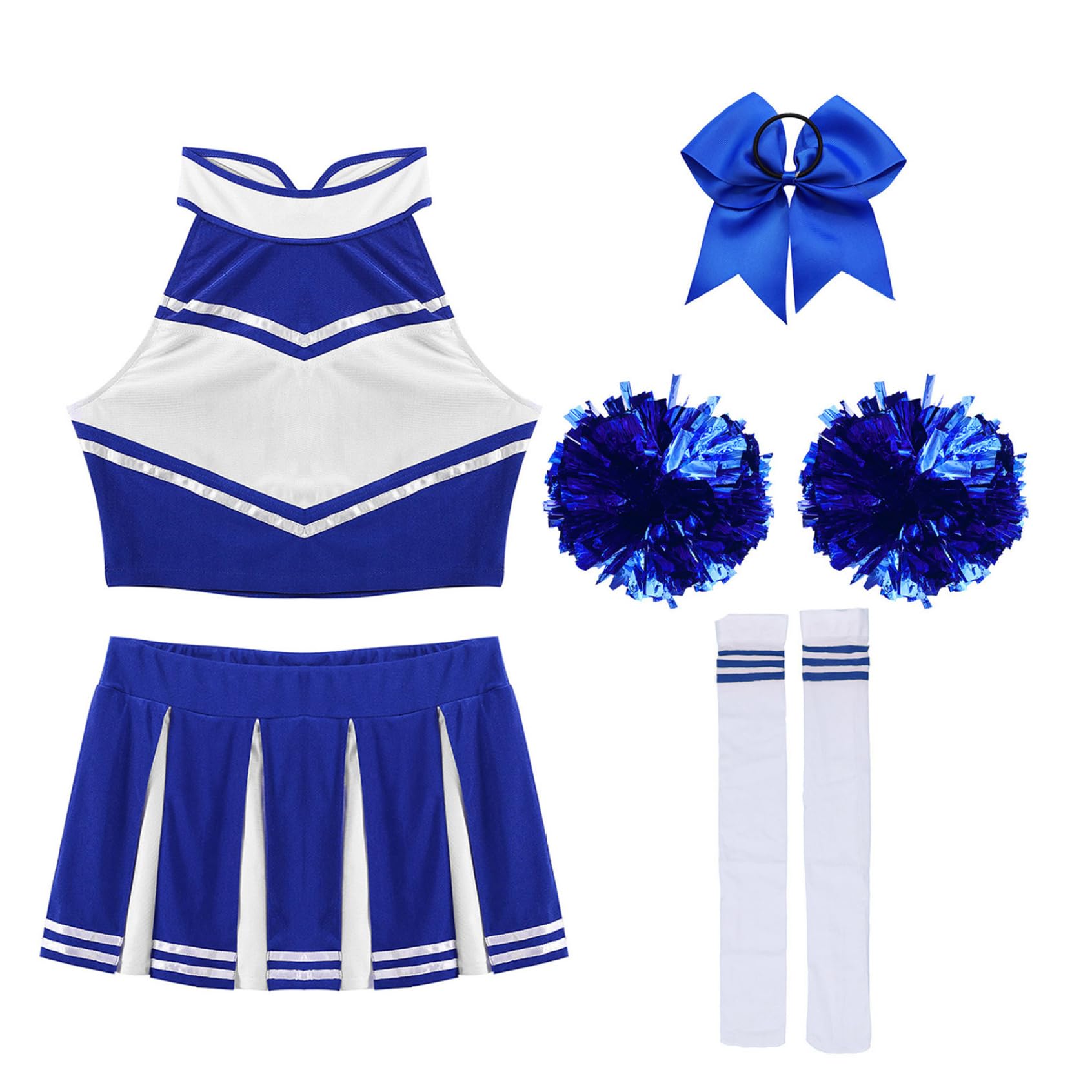 5Pcs Damen Cheer Leader Kostüm Cheerleading Uniform Crop Top mit Minirock Zubehör Cheer Outfits Halloween Karneval Fasching Tanzkostüm