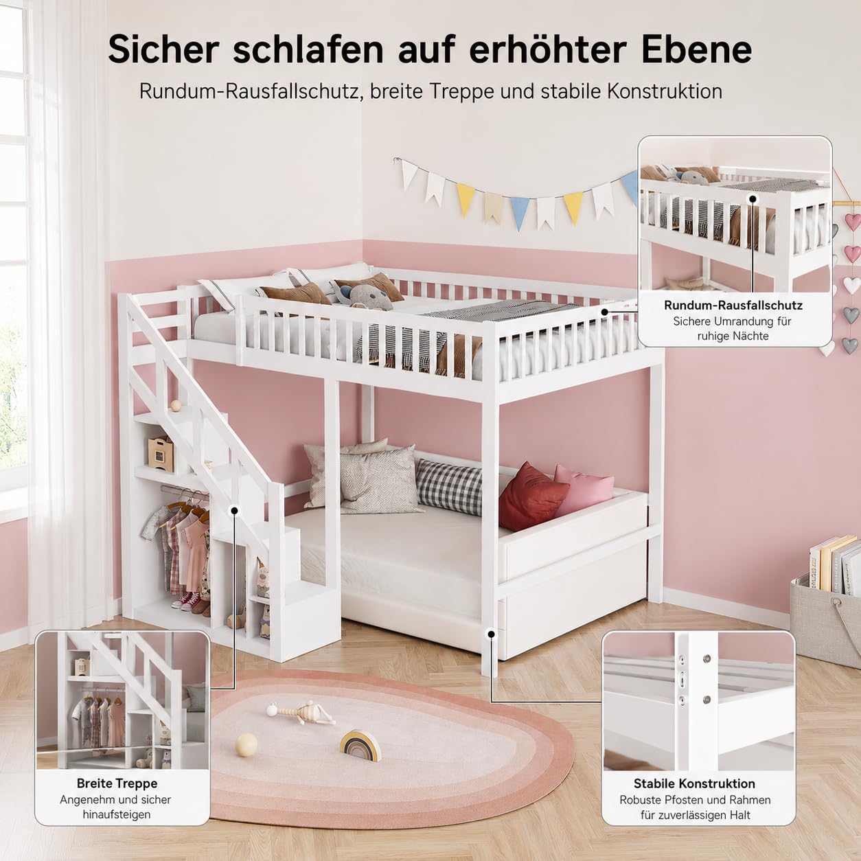 Etagenbett 90x200 cm für Kinder, Hochbett mit Treppe & Aufbewahrungsschrank, Massivholz, ohne Matratze
