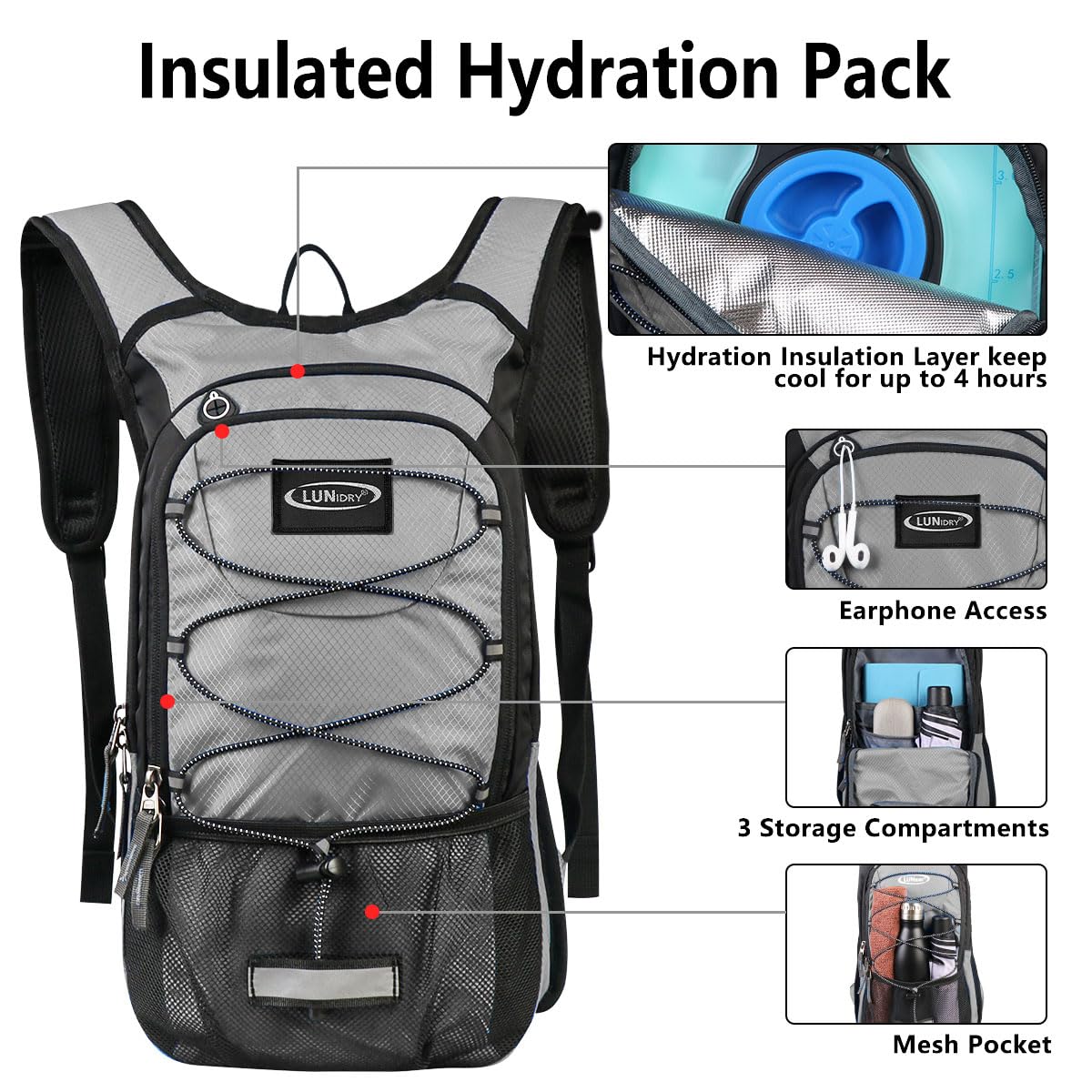 Zaino per idratazione, 3 l, senza BPA, a prova di perdite, per mantenere i liquidi freschi fino a 5 ore, zaino per escursionismo, corsa, ciclismo, caccia, arrampicata
