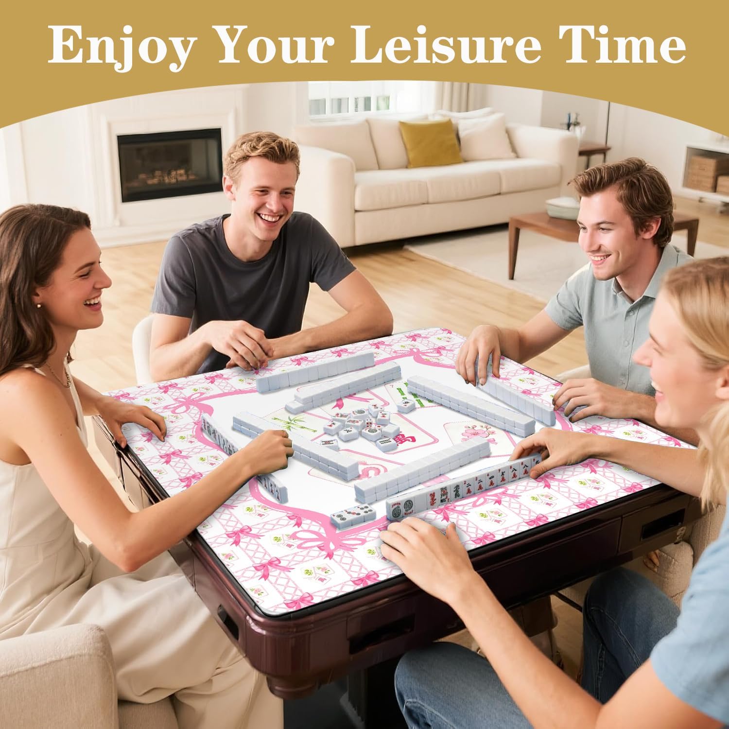 Coquette Pink Bow Mahjong Mat for Table 31.5 x 31.5 in, Preppy Pink Chinoiserie Non-Slip Noise Reduction Mahjong Table Cover Tablecloth for Card Poker Dominoes Dice and Board Games