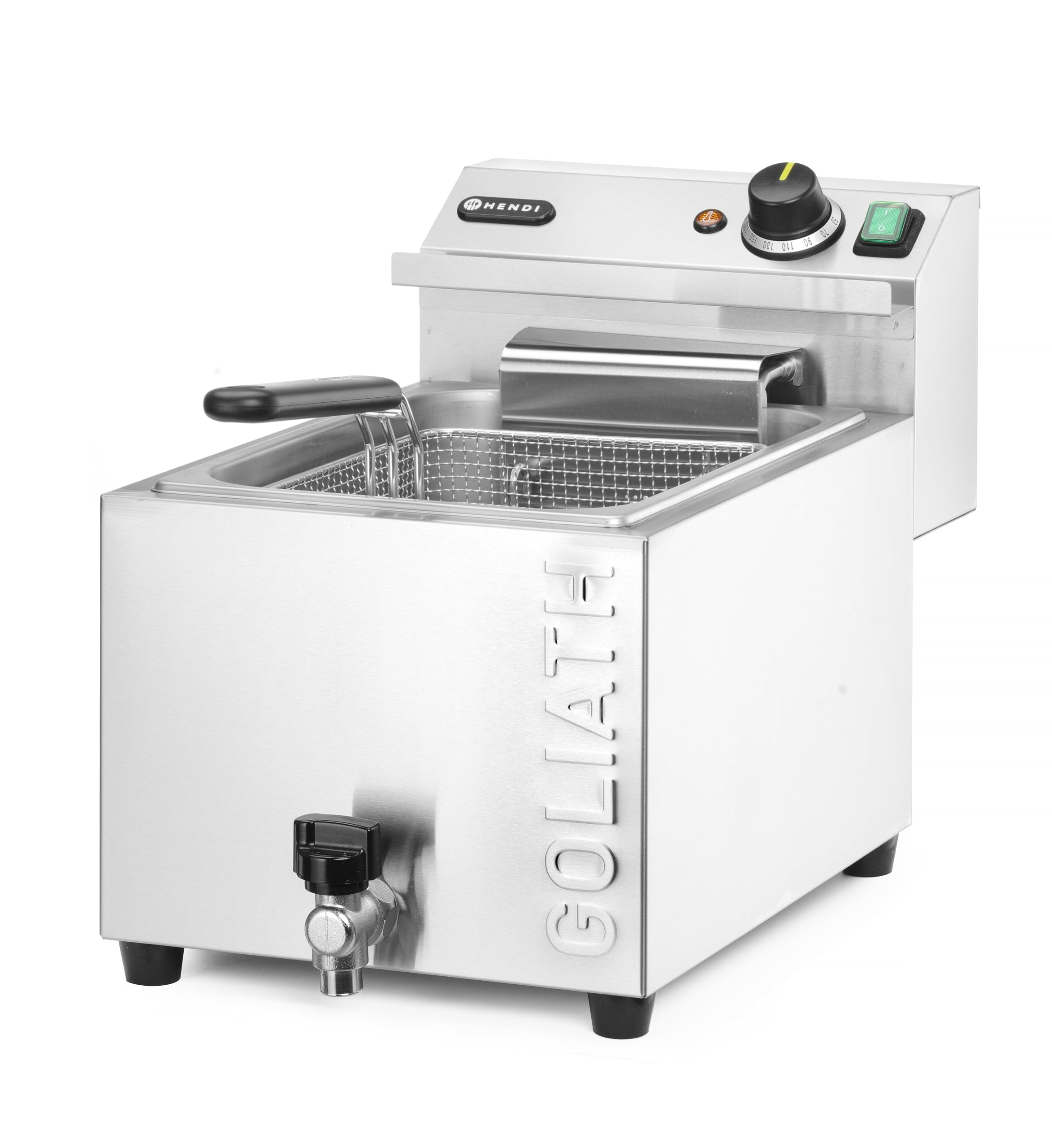 HENDI Freidora eléctrica XL GOLIATH, con grifo de vaciado, 50 °C-190 °C, zona fría, con tapa y cesta de freír, 10L, muy potente: 10200W, 400V, 300x585x(H)392mm, acero inoxidable