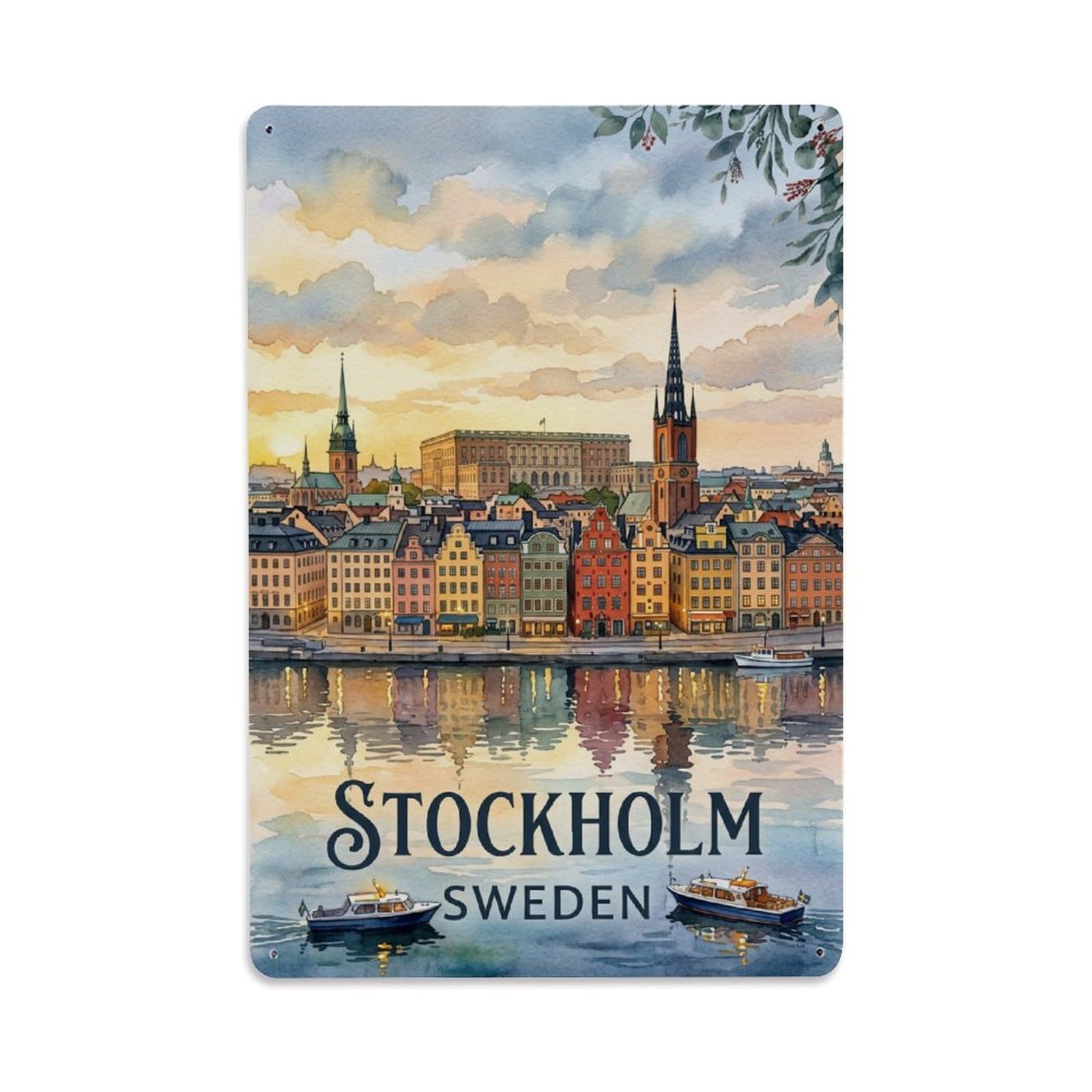 Vintage Travel Stockholm Sweden Watercolor Metal Tin Sign Plaque Wall Decor for Cafe, Club Bar, Office, Home Garden Metal Poster 8x12Inch