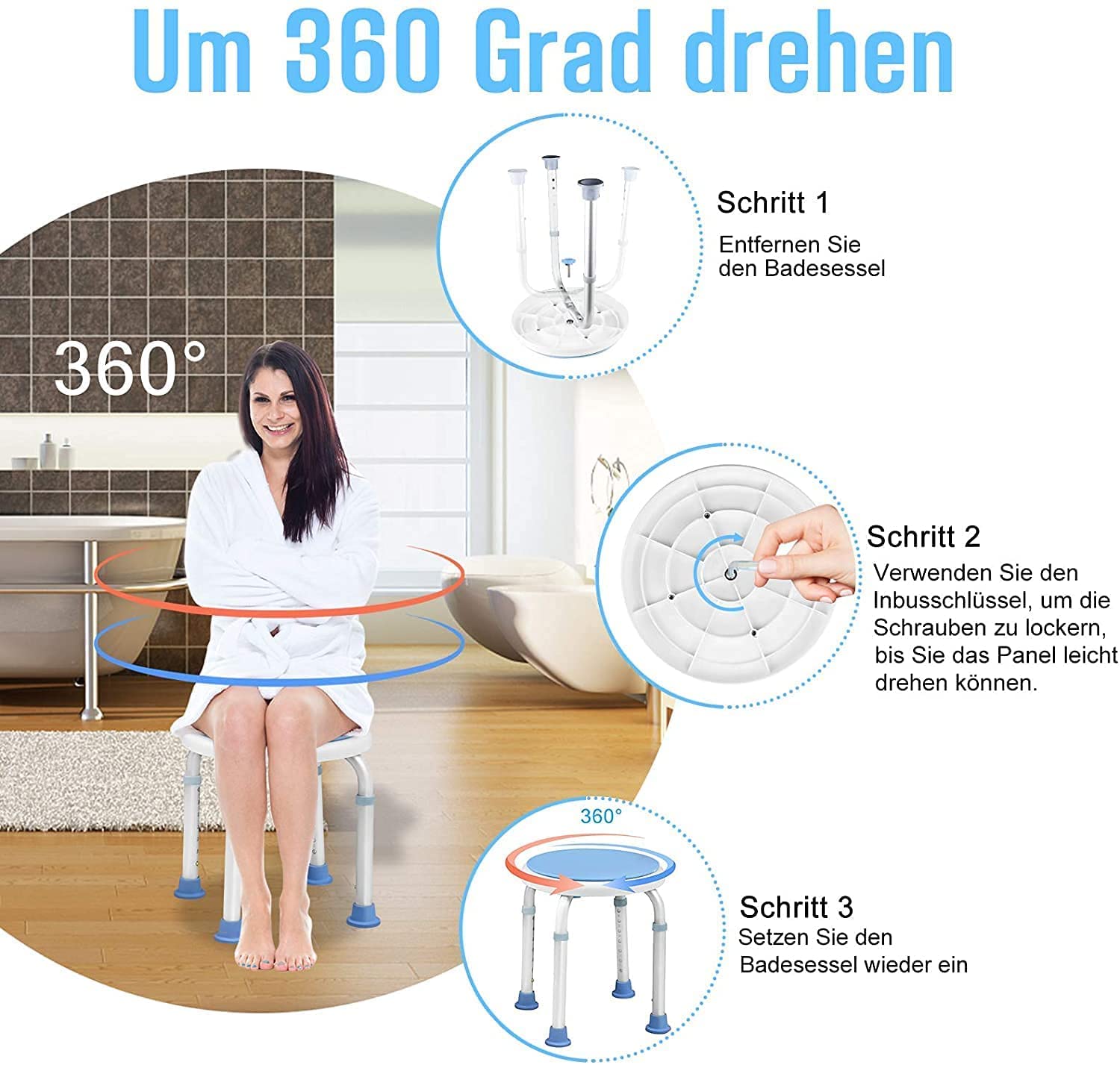 UISEBRT Taburete de ducha giratorio 360°, altura ajustable, taburete de ducha, taburete de ducha, taburete antideslizante con ventosa, asa para bañera (silla + asidero)