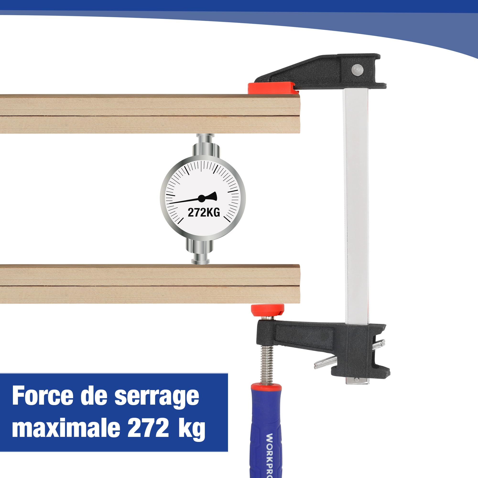 WORKPRO Jeu de Serre-joint Métallique à Libération Rapide 4 Pièces, Largeur de Serrage 300 mm et 150 mm, Force de Serrage Maximale de 272 kg pour Travail du bois, des Métaux et DIY