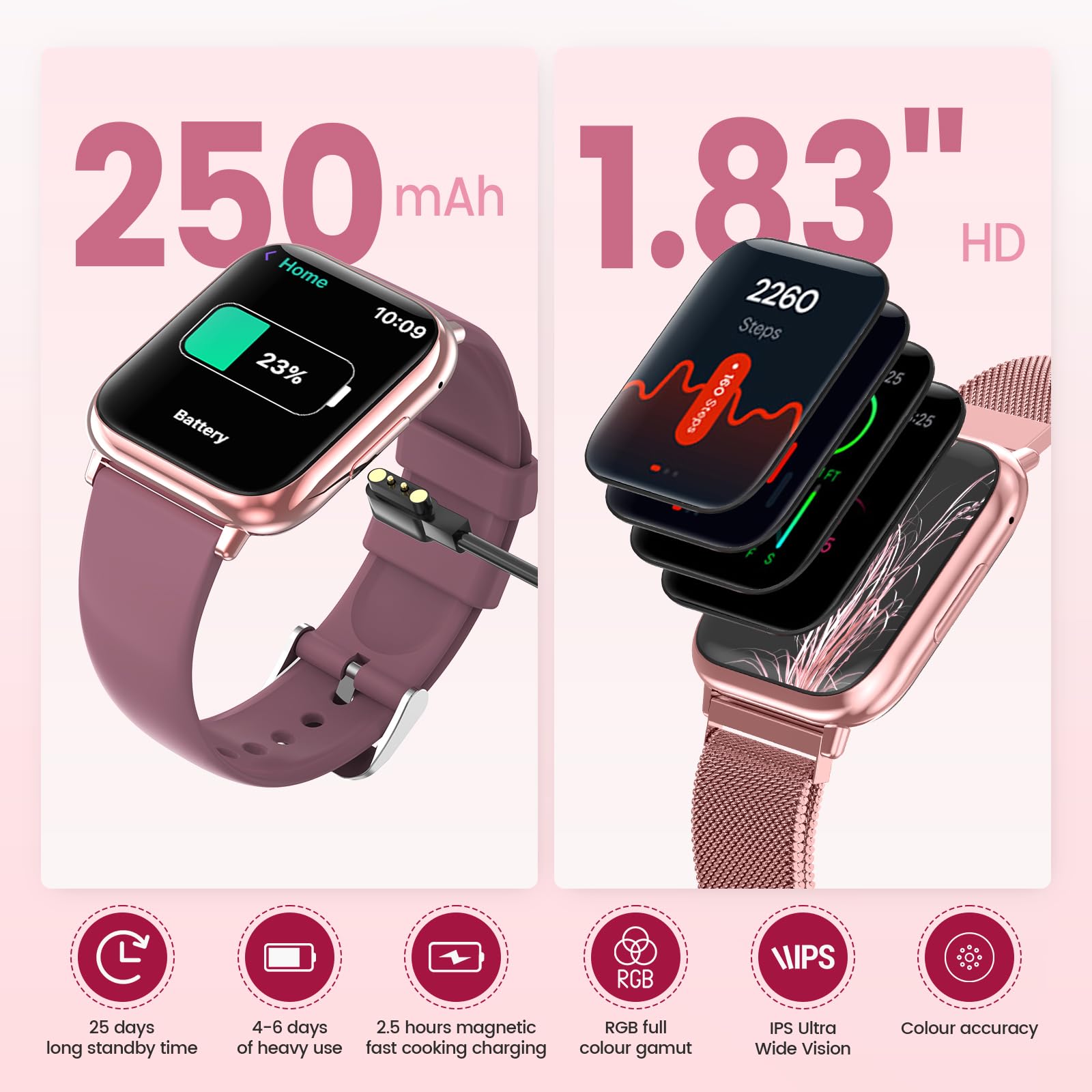 Smartwatch Donna con Chiamate Bluetooth, 1,83” Smart Watch 107+ Sportive con SpO2/Ciclo Mestruale/Frequenza Cardiaca/Monitoraggio Sonno/Impermeabile IP68 FitnessTracker per iOS Android (Rosa Corallo)