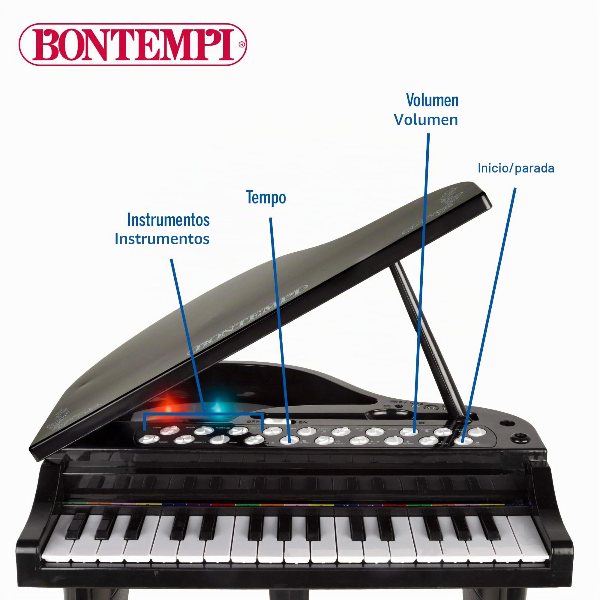 ColorBaby Bontempi Piano Infantil de Cola con 32 Teclas, Micrófono, Taburete, Luces, guía de Colores, grabación, Reproducción, Entrada Auxiliar, Estructura Estable, 40x46x62 cm, Desde 3 años (39217)