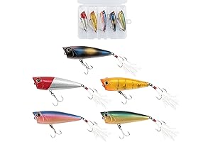 5-Pack Poppers Fishing Lures: Topwater Bass Lures with Feathered Treble Hooks